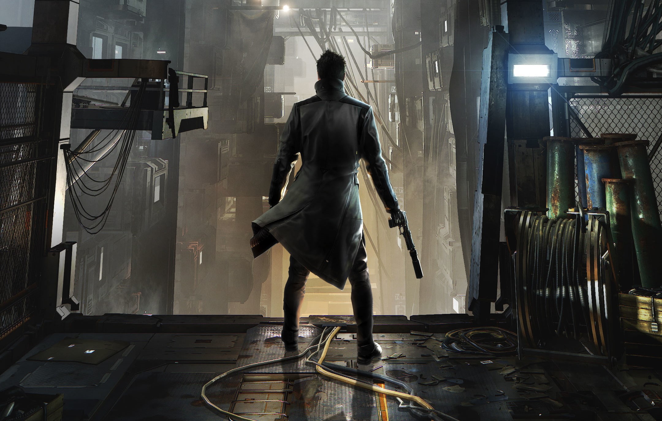 illuminated, gun, lifestyles, cables, casual clothing, domestic room, 1080P, cloak, slums, men, man, Square Enix, women, machinery, Adam Jensen, indoors, HD Wallpaper