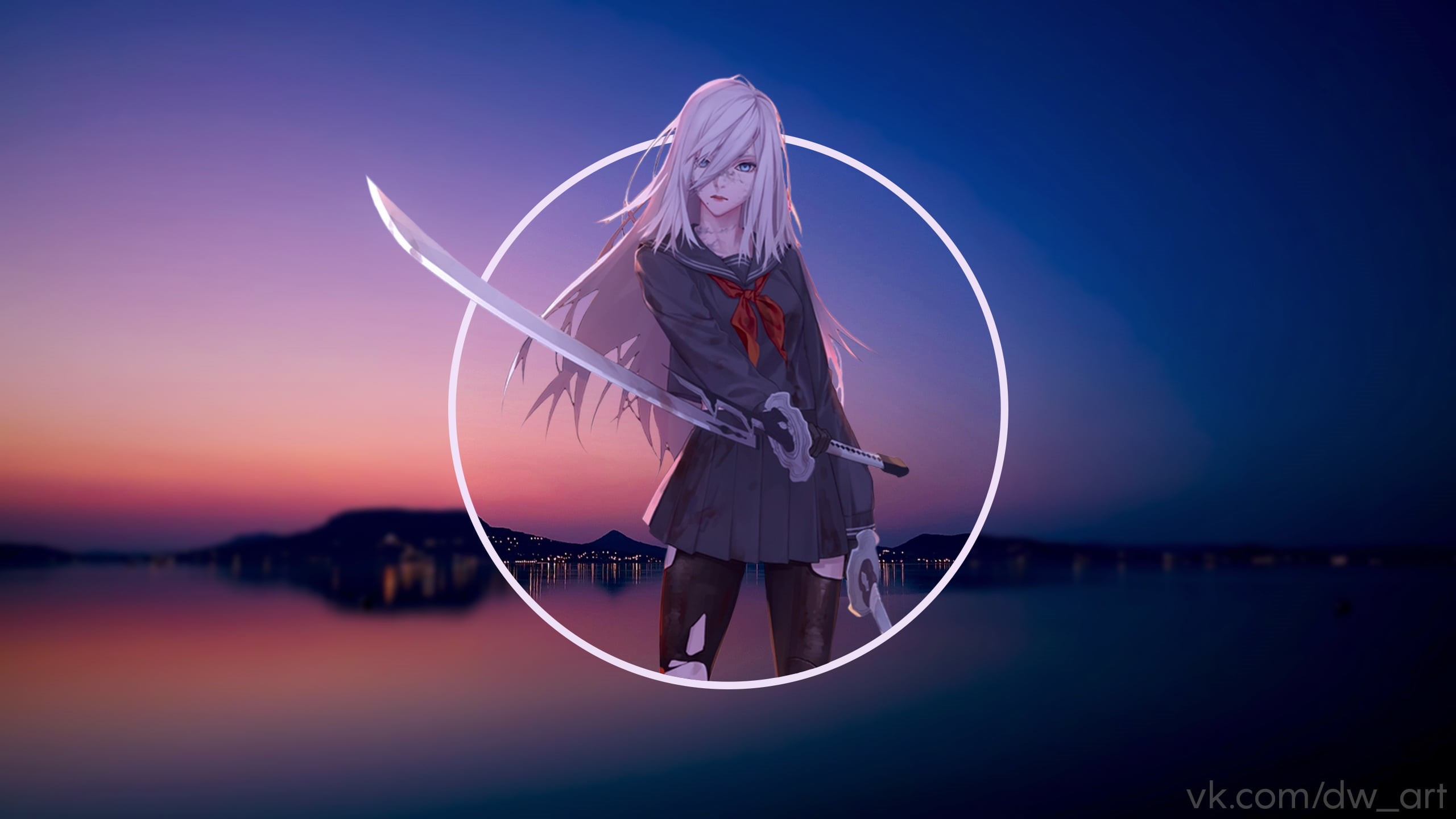 Nier: Automata, sunset, piture in picture, NieR, picture-in-picture, anime girls, 2K, A2, HD Wallpaper