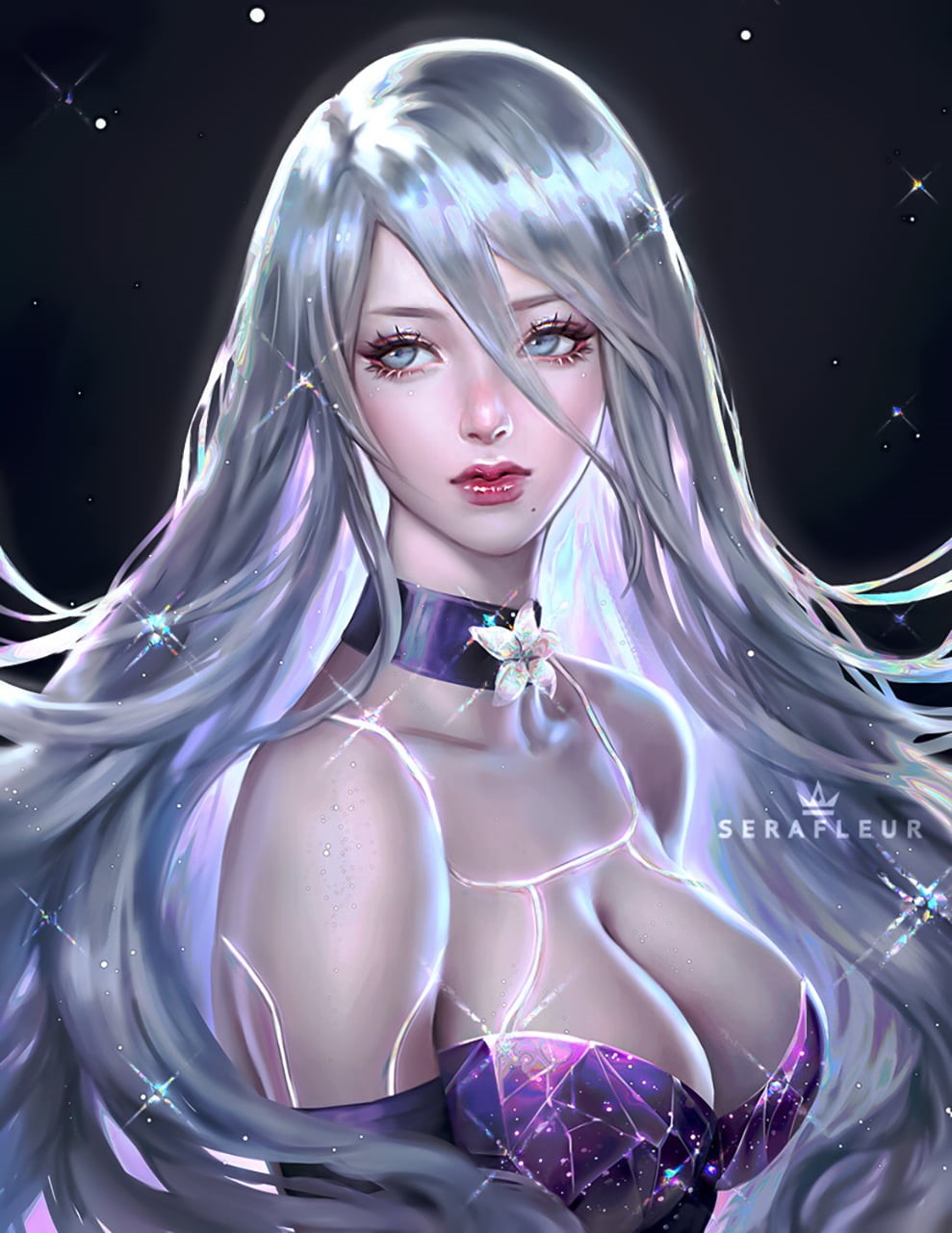 looking away, blue eyes, purple clothing, A2, flowers, silver hair, women, stars, Abigail Diaz, 720P, dress, long hair, bare shoulders, crystal, shining, Phone HD Wallpaper