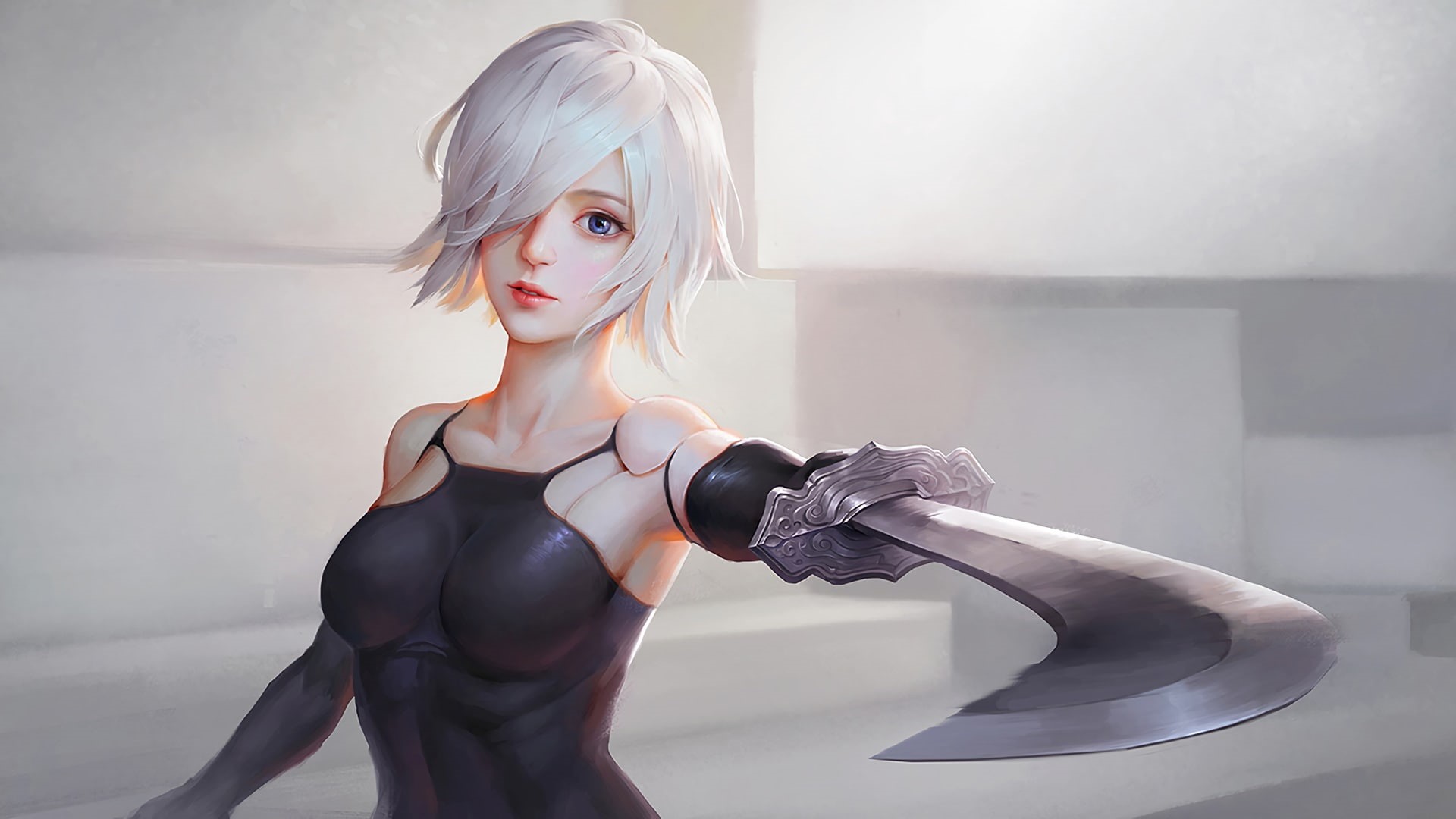 White Hair, digital art, Nier: Automata, A2 (Nier: Automata), Looking At Viewer, NieR, Tight Clothing, blue eyes, women, artwork, video games, 1080P, sword, HD Wallpaper