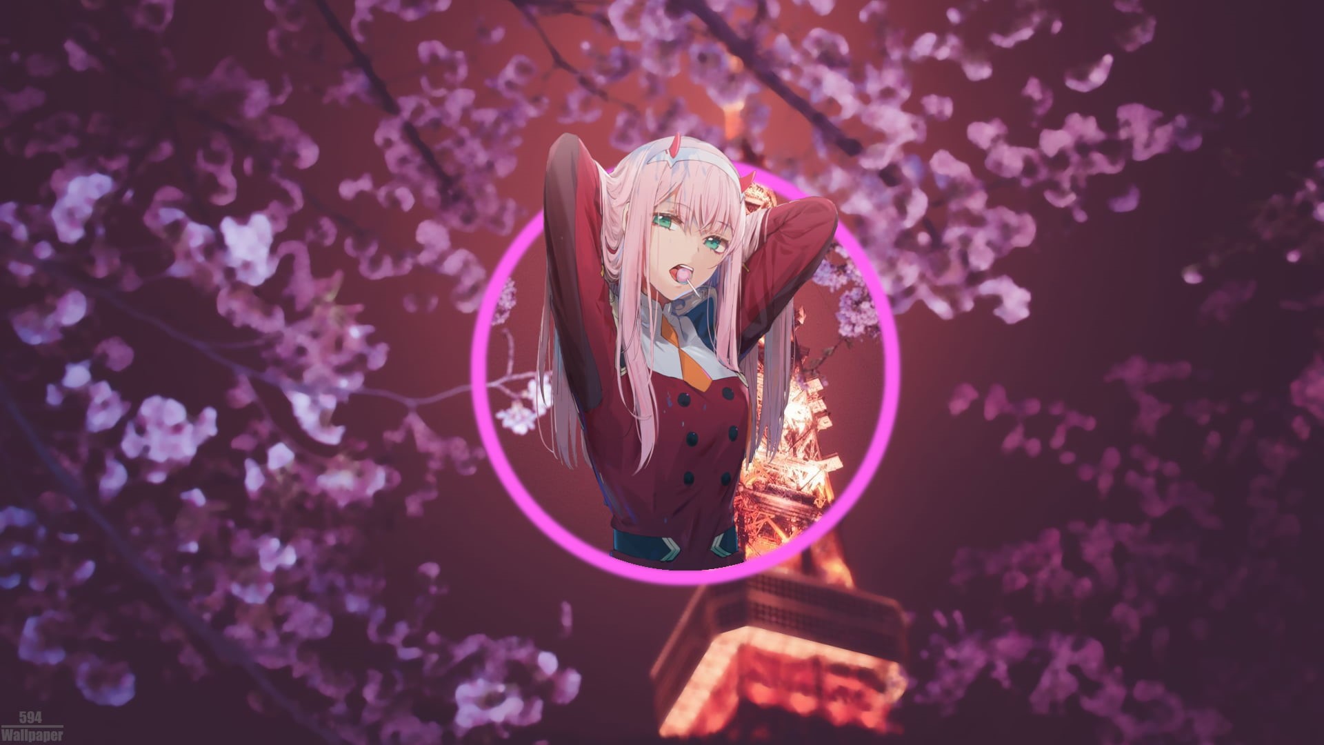 Zero Two (Darling in the FranXX), blurred, cherry blossom, 1080P, tower, Tokyo, anime, Darling in the FranXX, picture-in-picture, HD Wallpaper