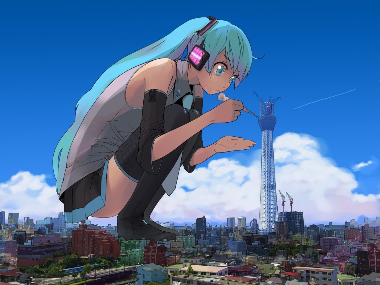 anime, anime girls, Hatsune Miku, Vocaloid, Tokyo Tower, 720P, HD Wallpaper