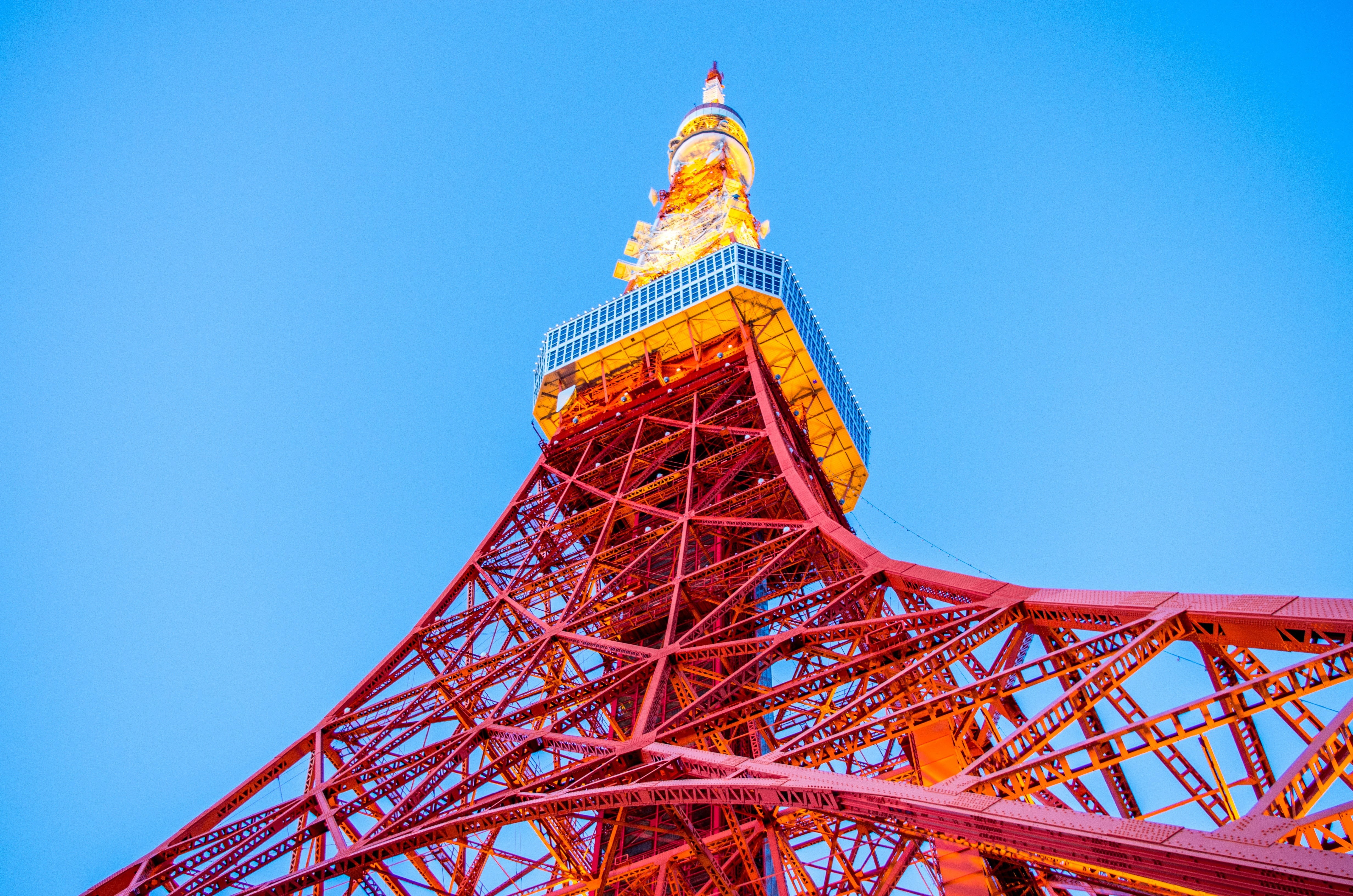 metal, worms eye view, city, history, blue, travel, Tokyo Tower, tower, outdoors, no people, Japan, red, travel destinations, nature, architecture, day, HD Wallpaper