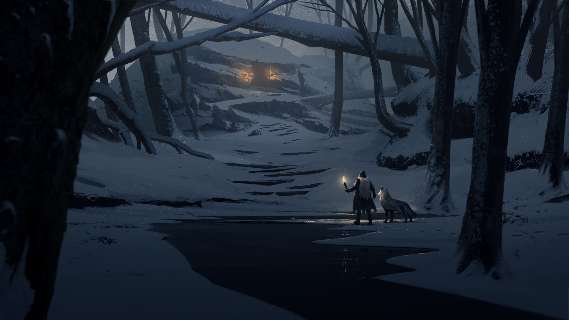 adventurers, environment, snow, wolf, lights, forest, torches, 1080P, HD Wallpaper