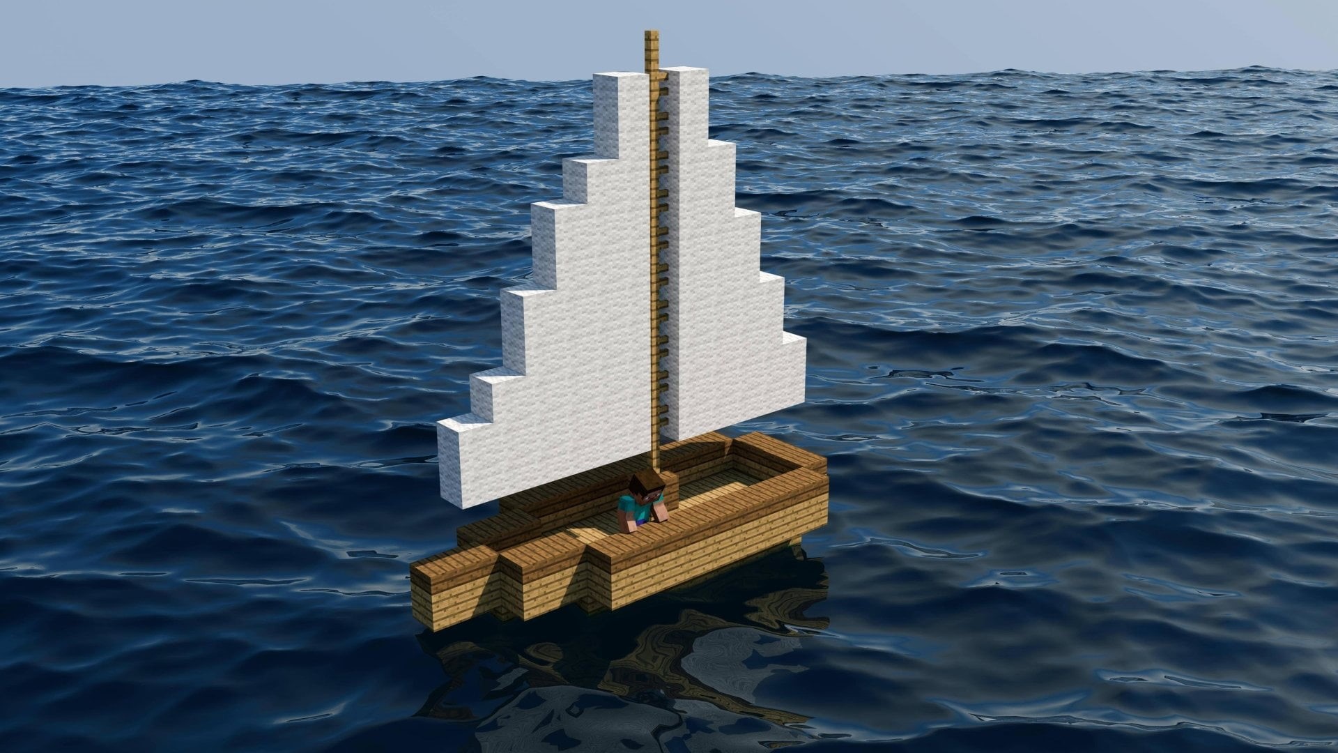Video Game, no people, wood - material, outdoors, sunlight, Boat, day, sea, Ocean, Mojang, architecture, nautical vessel, rippled, 1080P, nature, mode of transportation, HD Wallpaper