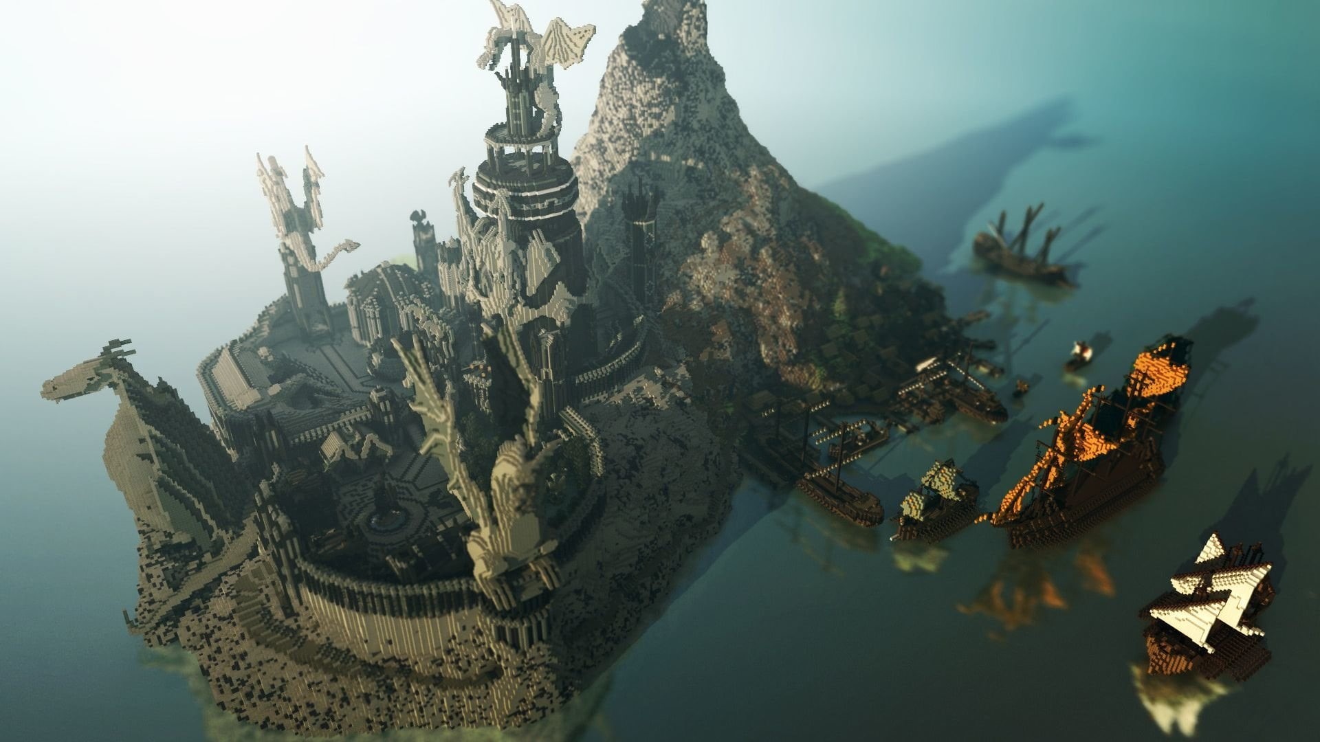 animal, Mountain, the past, Minecraft, Island, representation, high angle view, 1080P, sculpture, water, animal wildlife, outdoors, day, close-up, transportation, HD Wallpaper