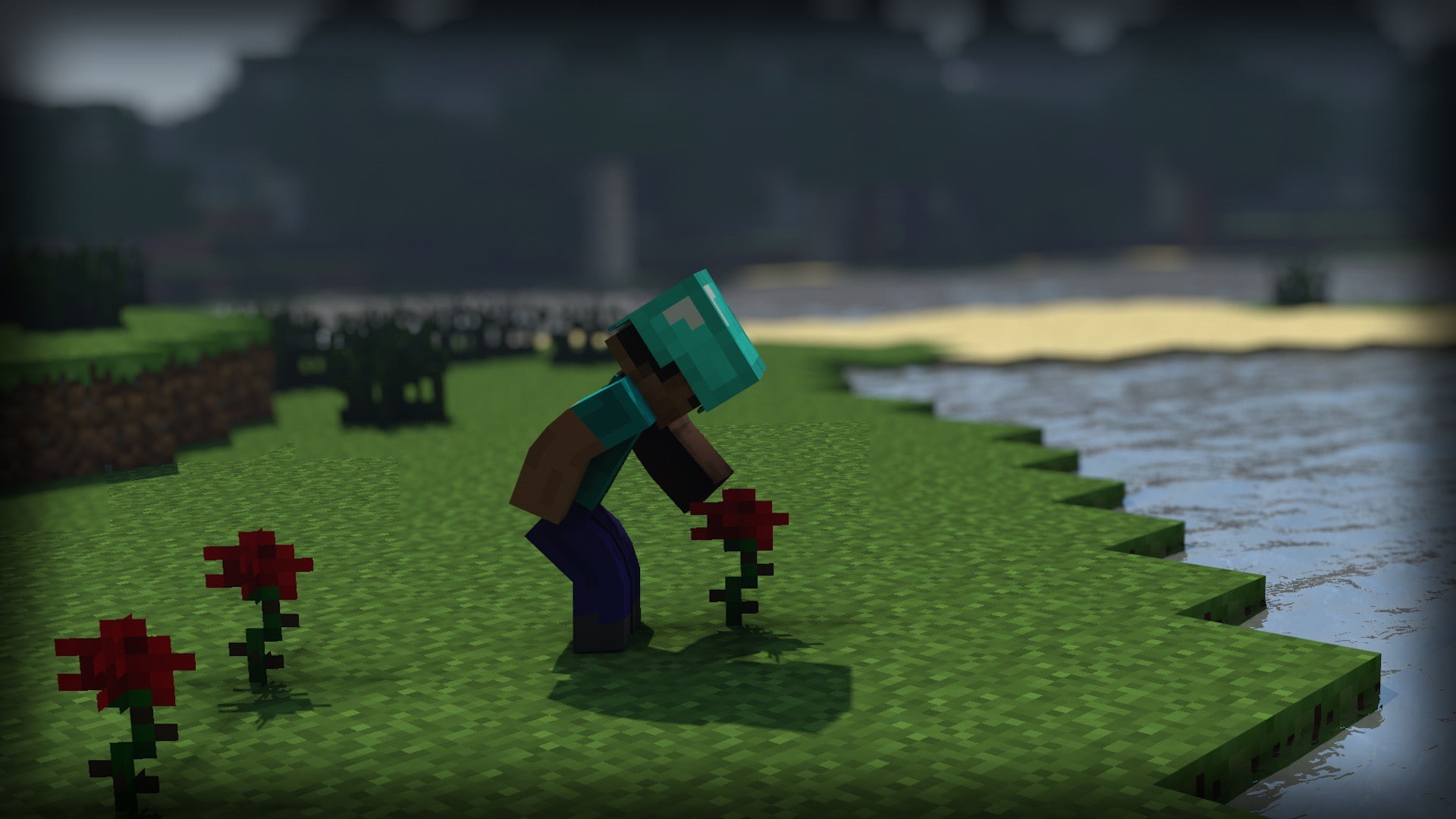 trees, flowers, tapeta, skies, 1080P, water, minecraft, forest, steve, HD Wallpaper