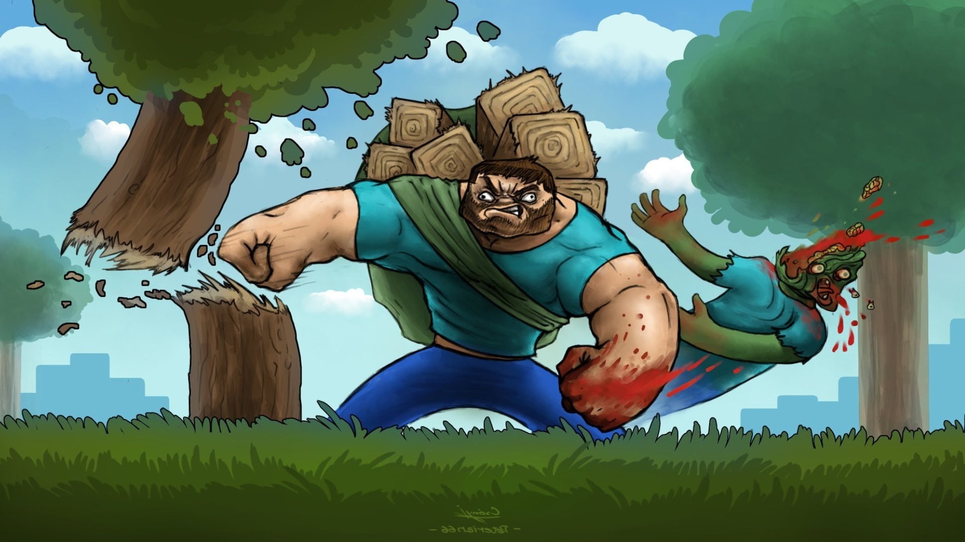 nature, day, plant, close-up, video games, Fan Art, tree, Steve, blue, leaf, green color, Minecraft, creativity, zombies, human representation, representation, HD Wallpaper