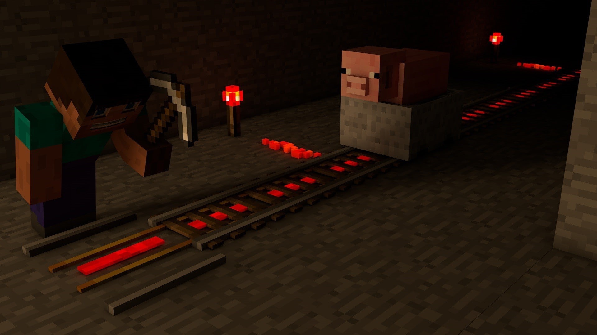 Pigs, Railway, Minecraft, Mine, Steve, 1080P, Mining, video games, Axes, HD Wallpaper