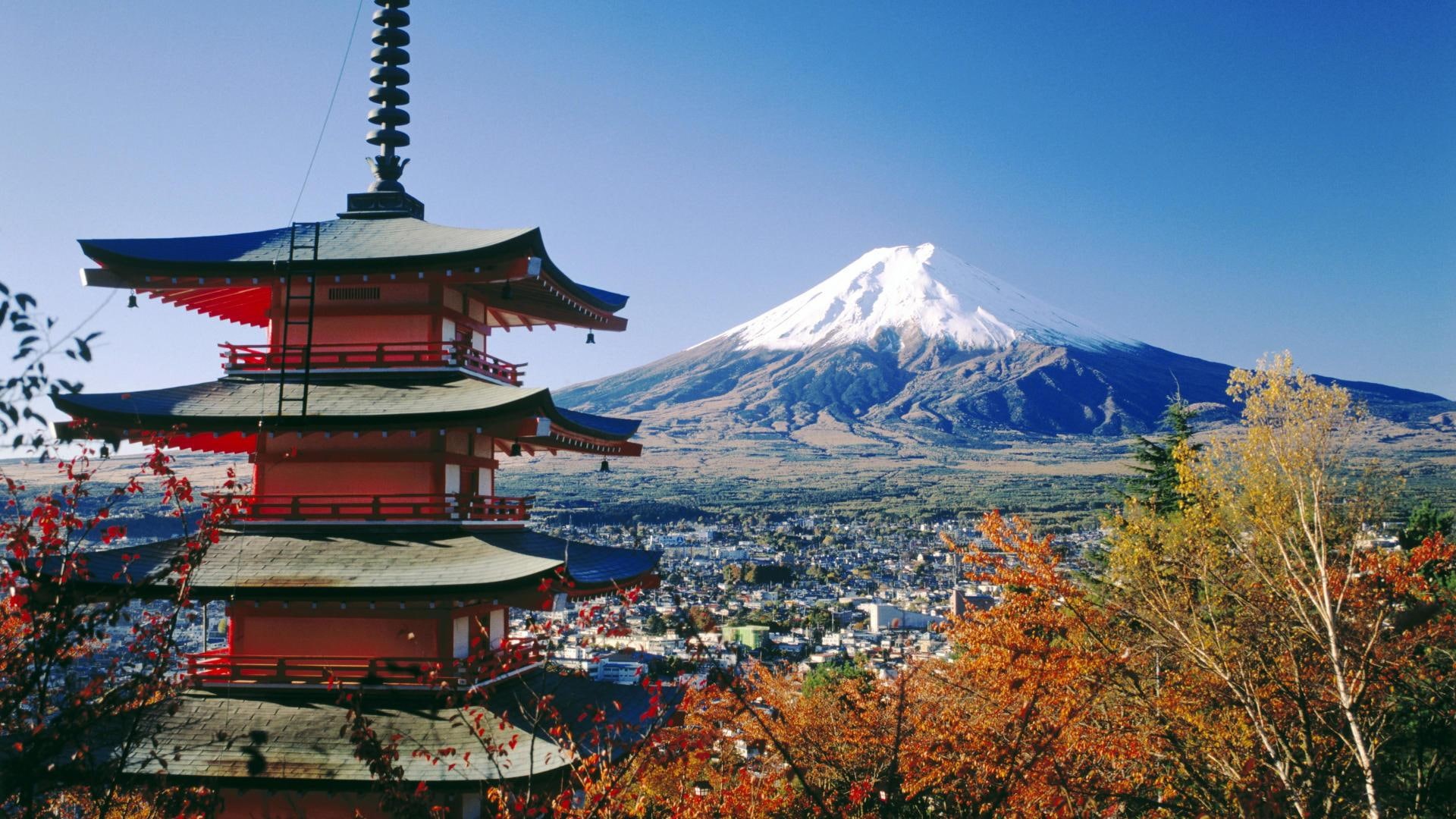 fujiyoshida, view, photo, building, town, mountain, trees, picture, nature, photograph, image, 1080P, buildings, HD Wallpaper