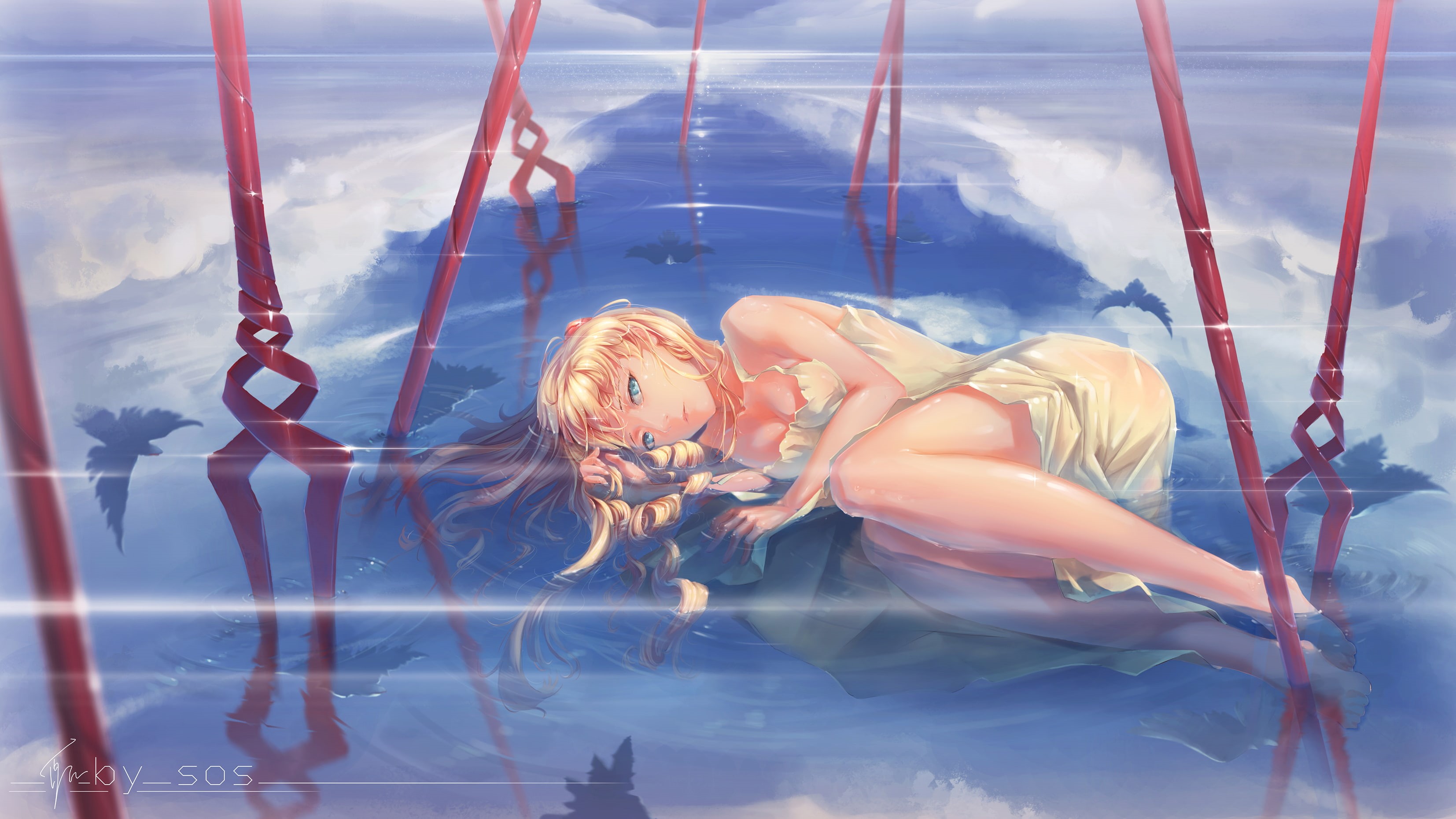 2K, Asuka Langley Soryu, Neon Genesis Evangelion, water, reflection, Asuka Langley Shikinami, Spear of Longinus, HD Wallpaper