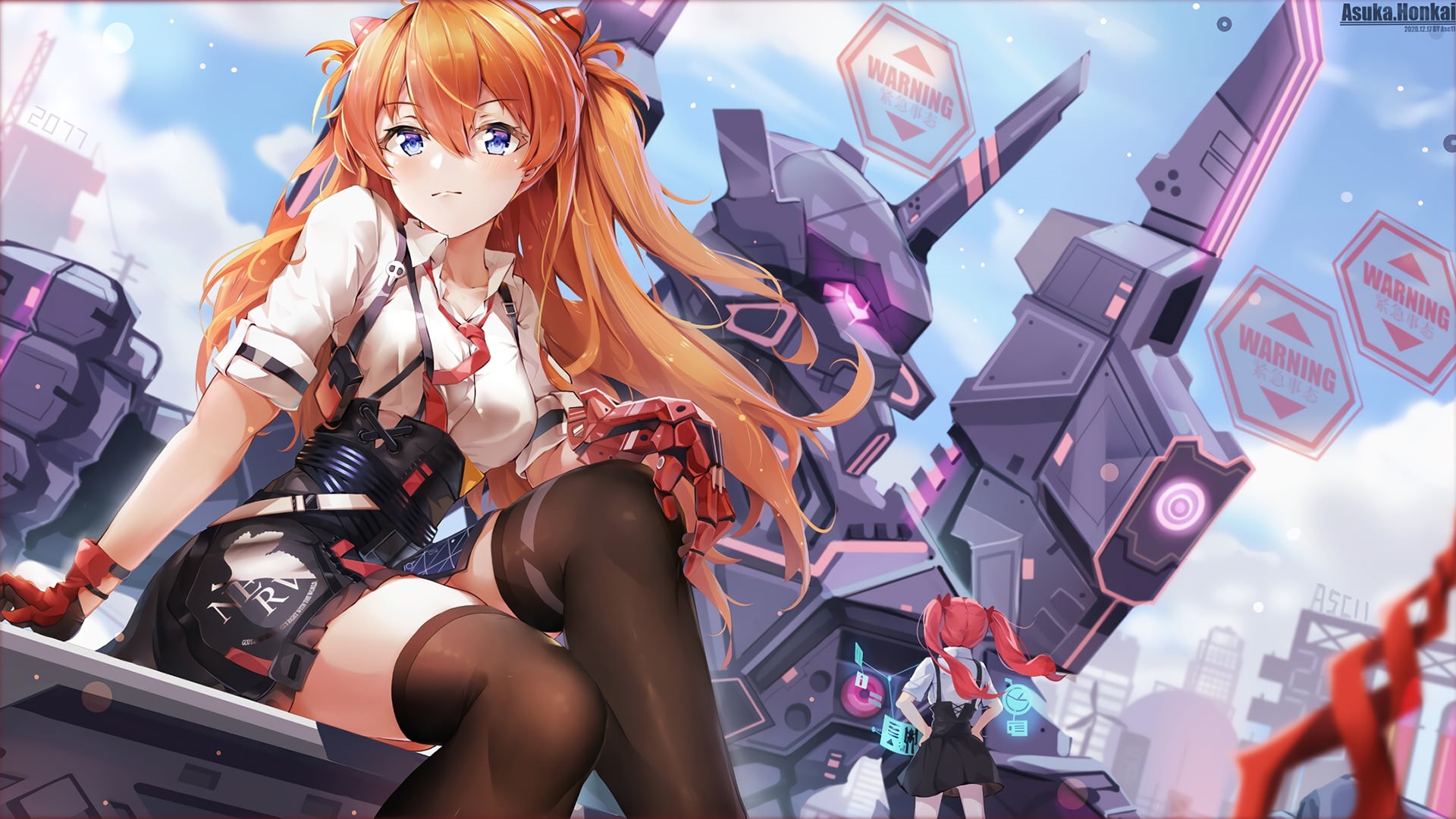 Neon Genesis Evangelion, long hair, blue eyes, twintails, gloves, Asuka Langley Soryu, redhead, thigh-highs, 1080P, Spear of Longinus, HD Wallpaper