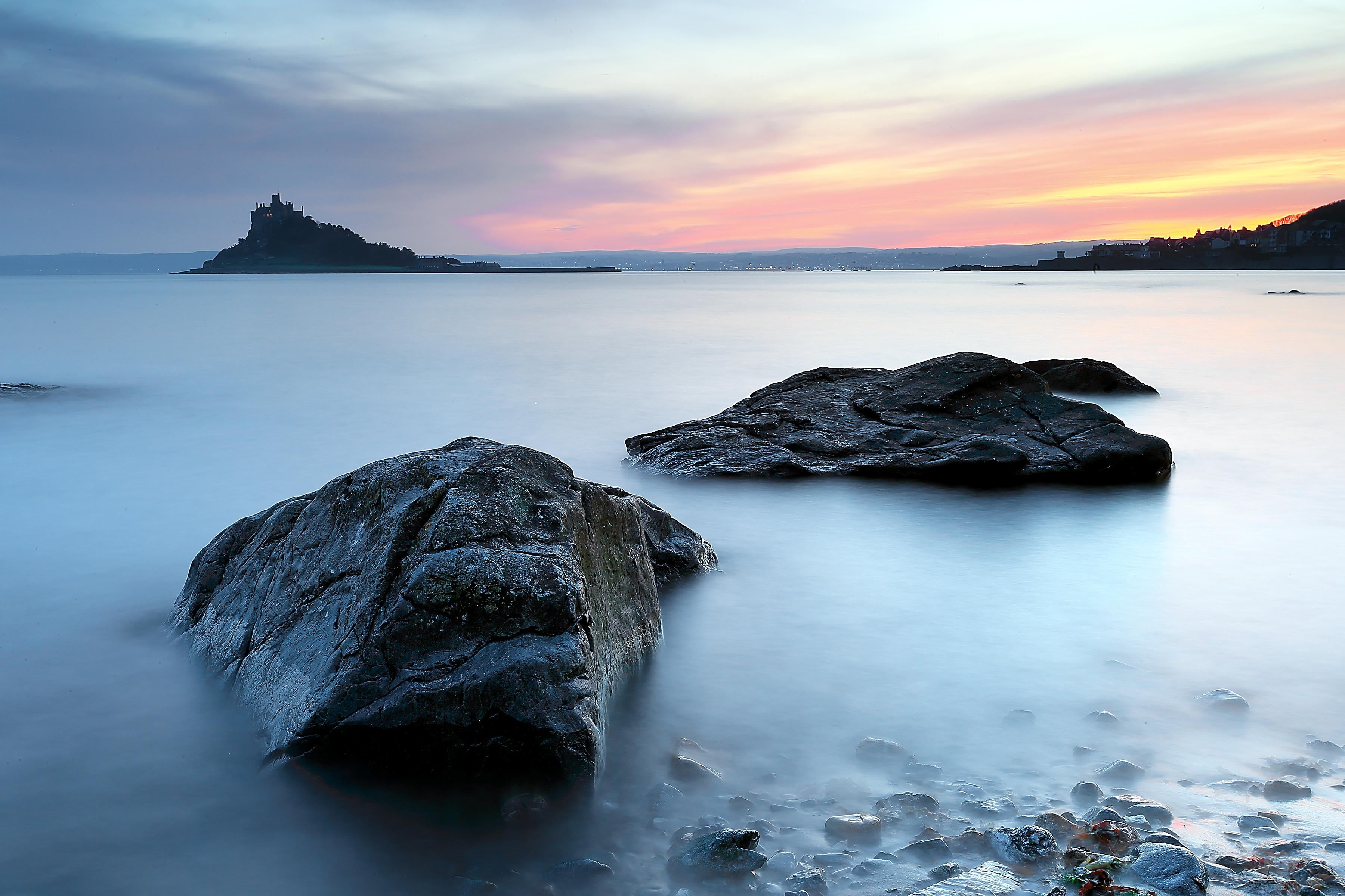 sunset, water  sky, landscape, bodies, rocks, rock fragment, fragment, rock, Stillness, beach, seascape, coast, Cornwall, nature, clouds, 2K, two, brown, HD Wallpaper
