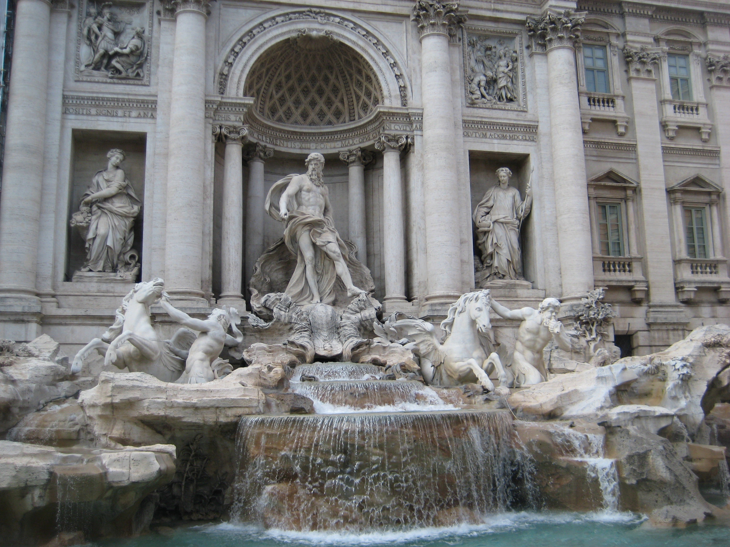 city, architectural column, water, built structure, tourism, flowing, 2K, travel destinations, day, trevi, art and craft, the past, human representation, HD Wallpaper