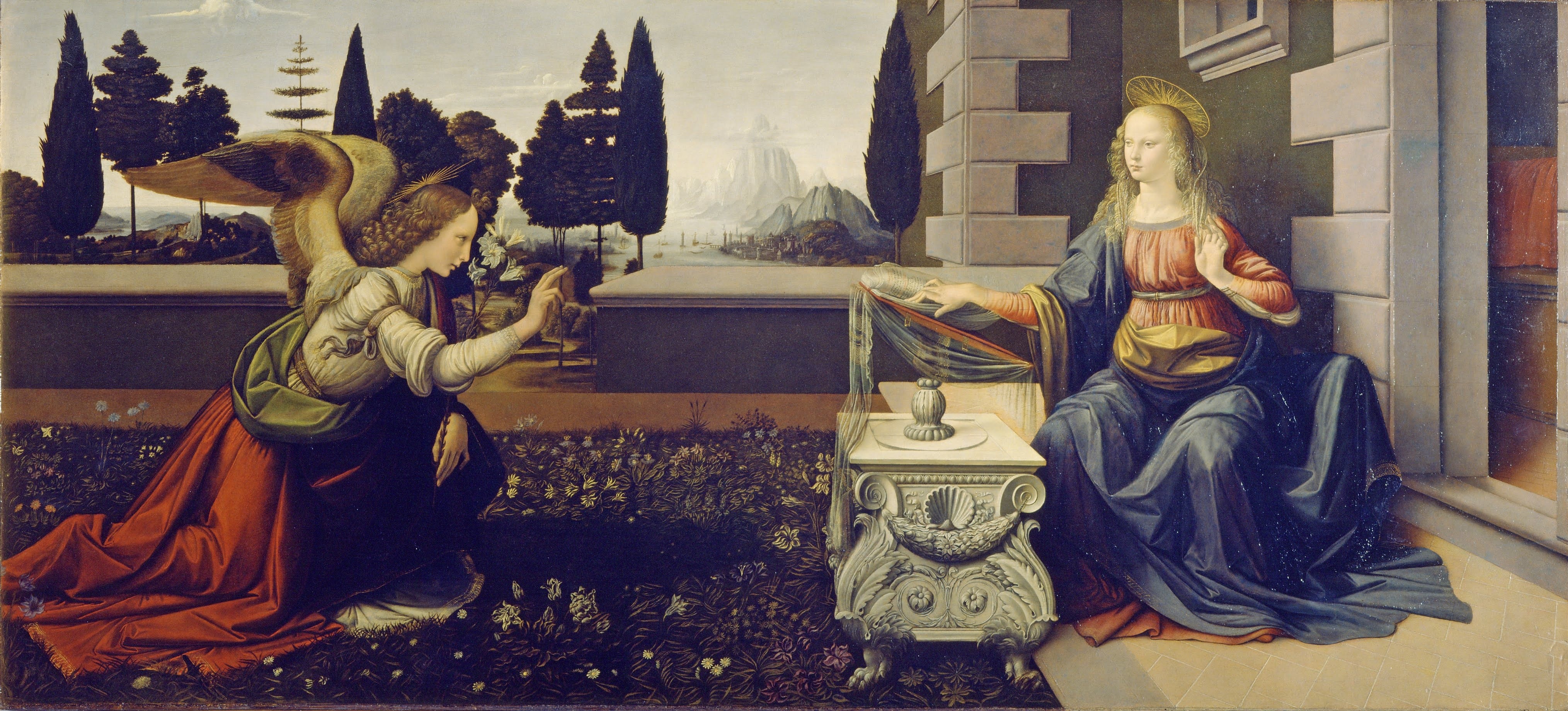 the annunciation, florence, male likeness, craft, leonardo da vinci, faith, oil painting, white lily, uffizi gallery, architecture, celebrity, reading bible, HD Wallpaper