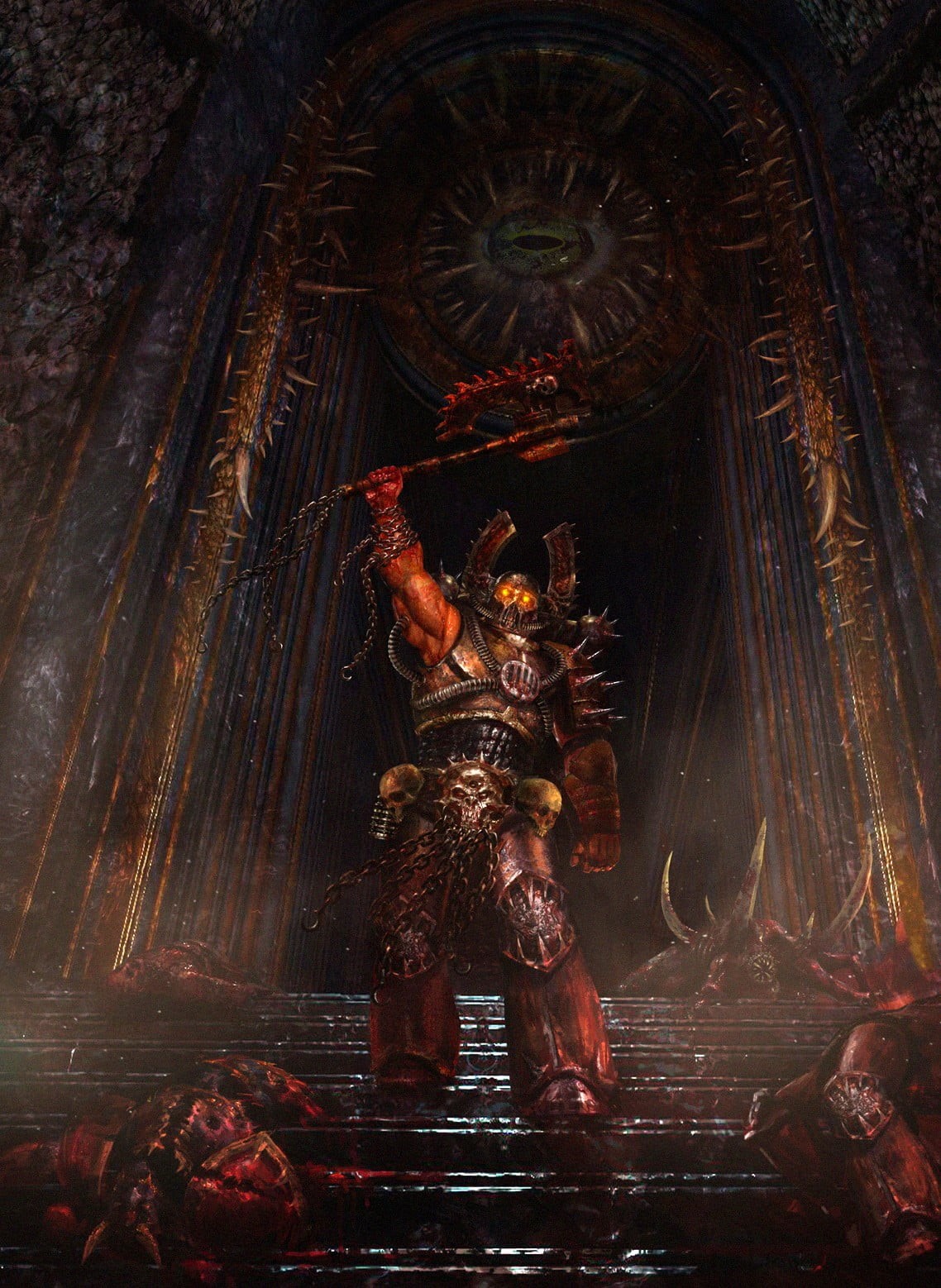 Warhammer 40,000, architecture, building, man, indoors, creativity, statue, spirituality, male likeness, demon - fictional character, religion, 720P, human representation, Phone HD Wallpaper