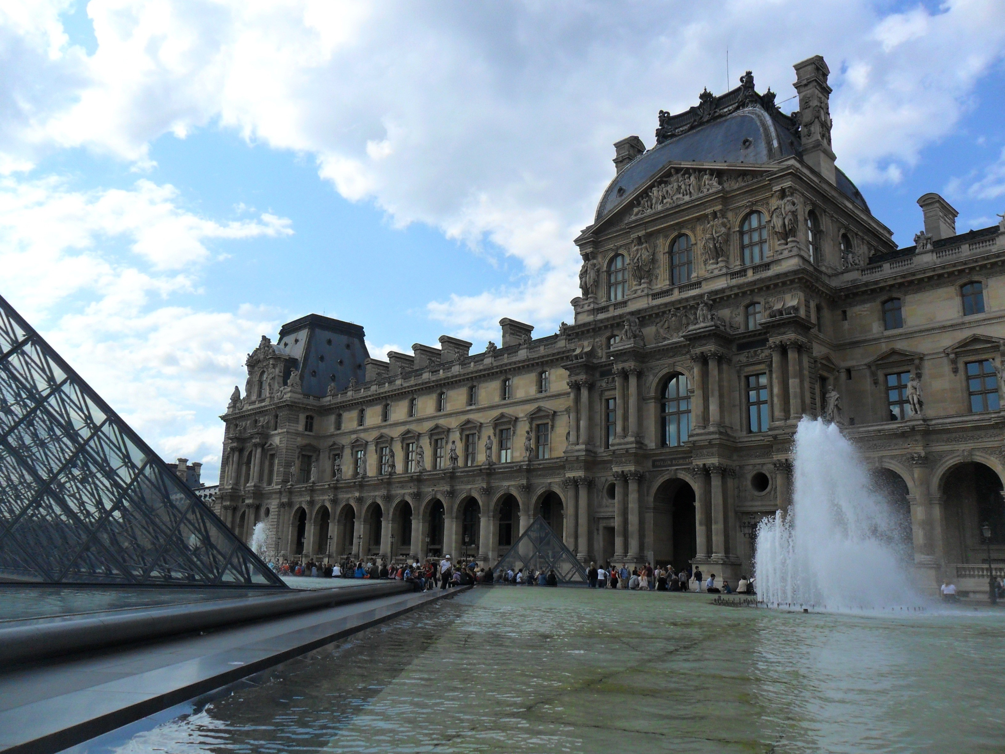 outdoors, low angle view, pyramid, architecture, monuments, paris, incidental people, travel, buildings, culture, tour, the art of, france, travel destinations, HD Wallpaper