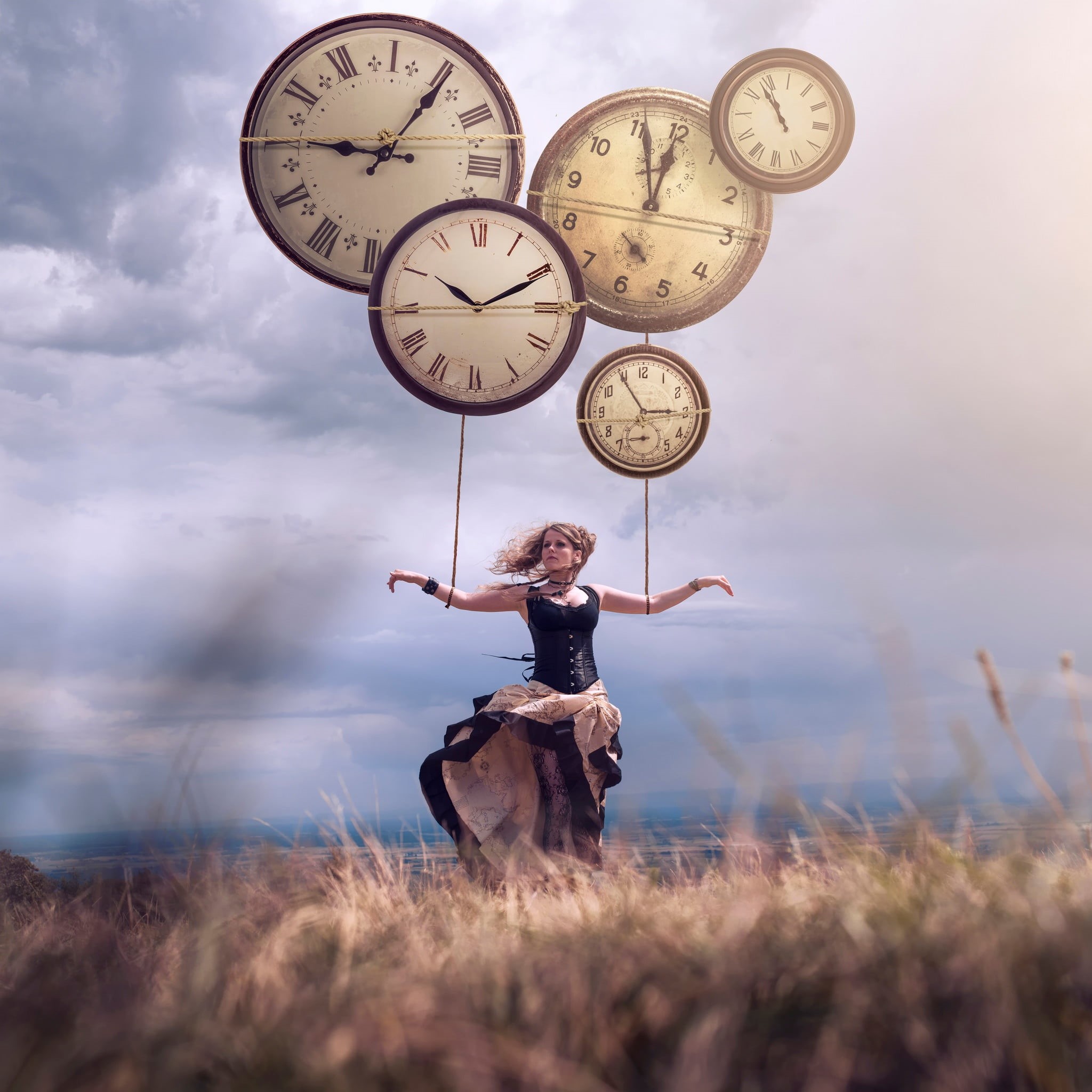 1080P, one person, lifestyles, standing, digital art, clocks, real people, young adult, cloud - sky, front view, clock, land, women, outdoors, full length, Phone HD Wallpaper
