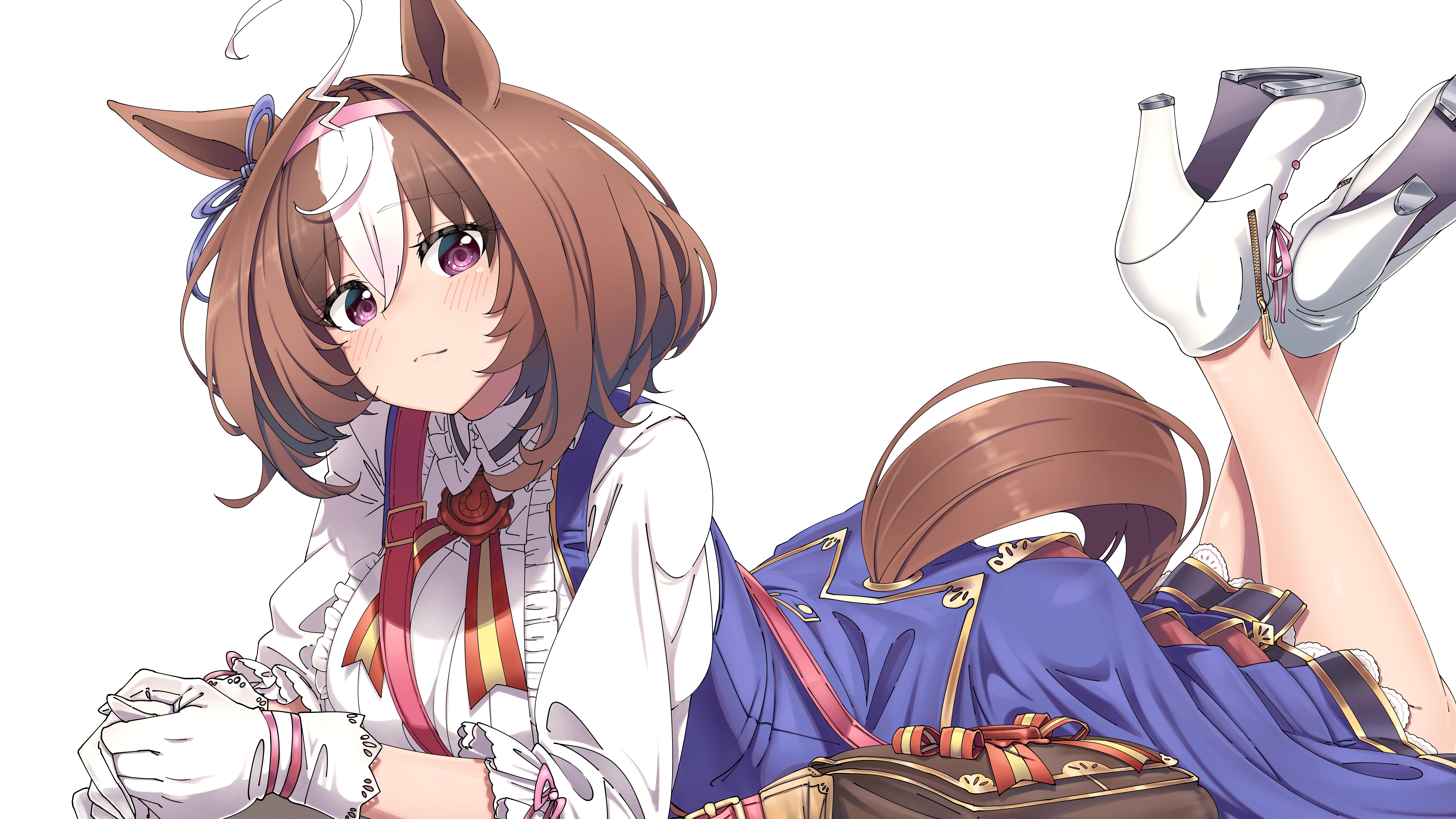 bicolored hair, lying on front, simple background, animal ears, white high heels, anime girls, ahoge, white gloves, legs up, Uma Musume Pretty Derby, artwork, HD Wallpaper
