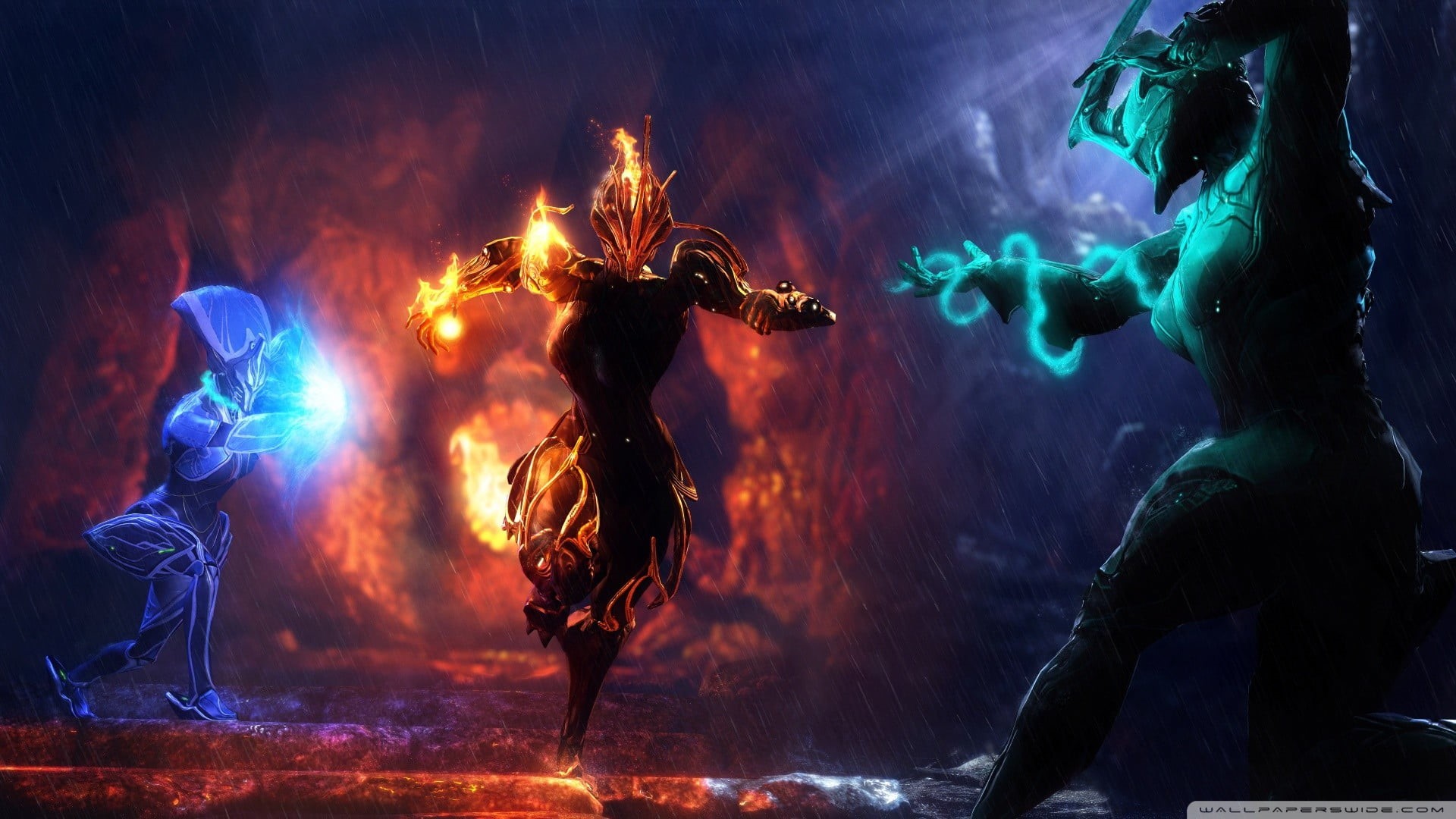 video games, stage, motion, 1080P, dancing, Ember (Warframe), multi colored, Warframe, event, music, nightlife, flame, Banshee (Warframe), people, illustration, HD Wallpaper