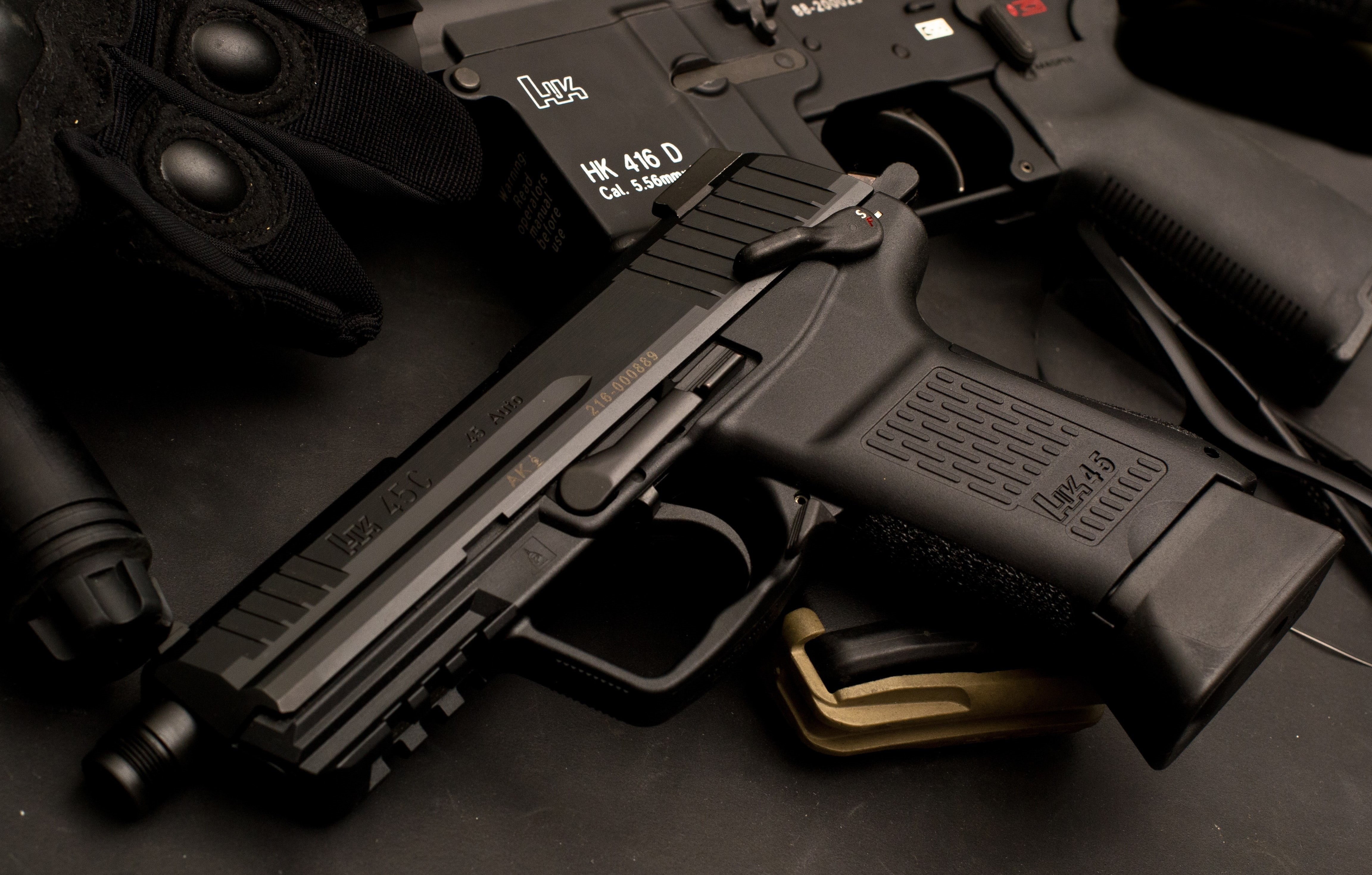 black, pistol, HK 416, text, communication, social issues, German, Heckler andamp; Koch 416D, aggression, protection, indoors, Heckler andamp; Koch 45, HD Wallpaper
