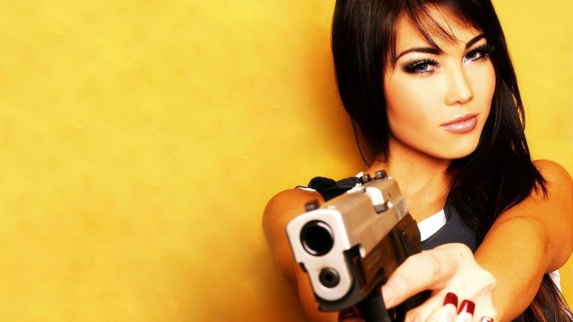 girls with guns, one person, hairstyle, beauty, young women, adult, long hair, holding, 1080P, women, portrait, beautiful people, pistol, retro styled, HD Wallpaper