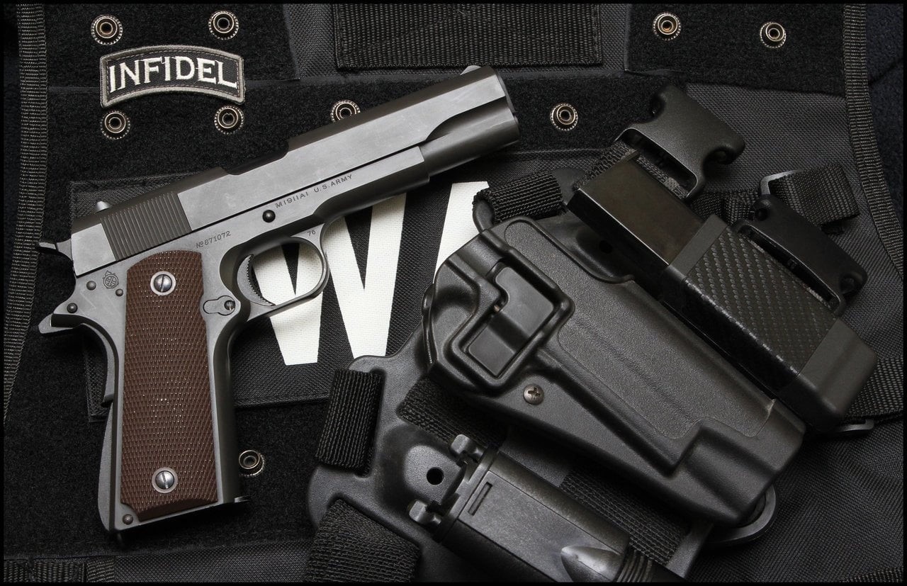 weapon, automatic, aggression, still life, no people, Colt .45 Infidel 1911, police force, communication, knife - weapon, semi, gun, luggage, social issues, HD Wallpaper