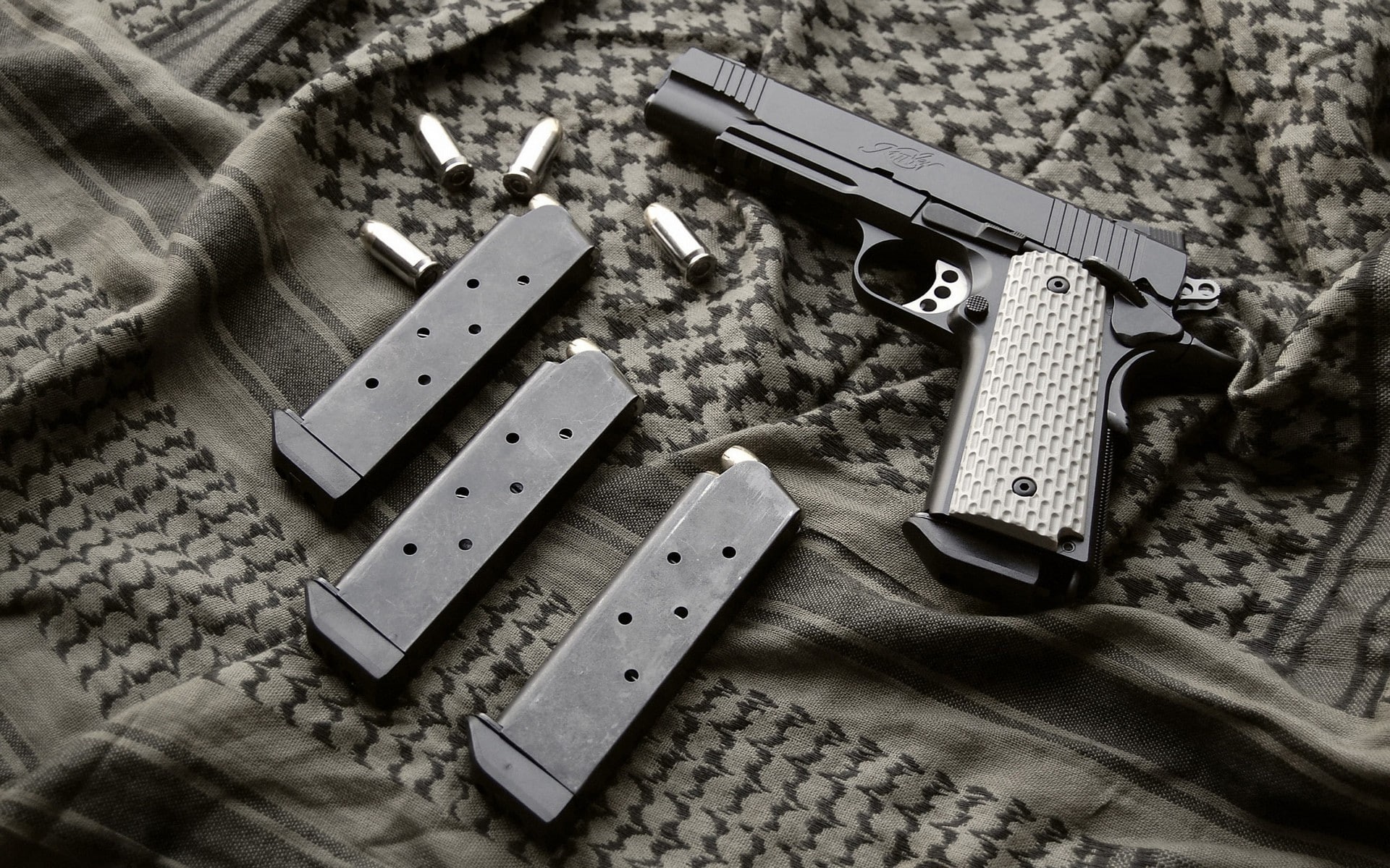 table, pistol, large group of objects, bullet, Kimber Manufacturing, indoors, hand tool, still life, 1080P, toy, textile, no people, close-up, high angle view, HD Wallpaper