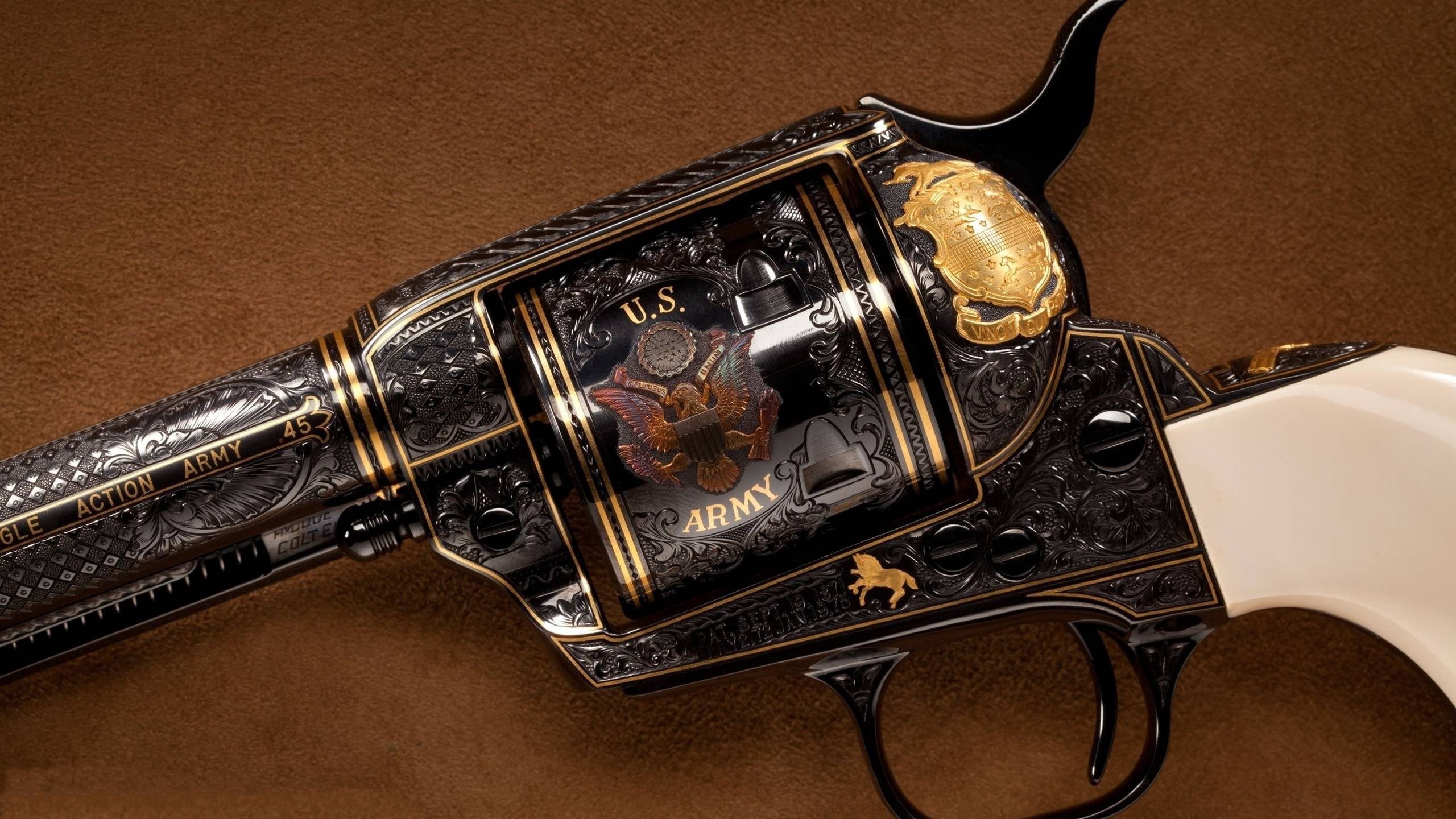 musical instrument, black, high angle view, 2K, weapon, indoors, small group of objects, colored background, studio shot, single object, metal, history, HD Wallpaper