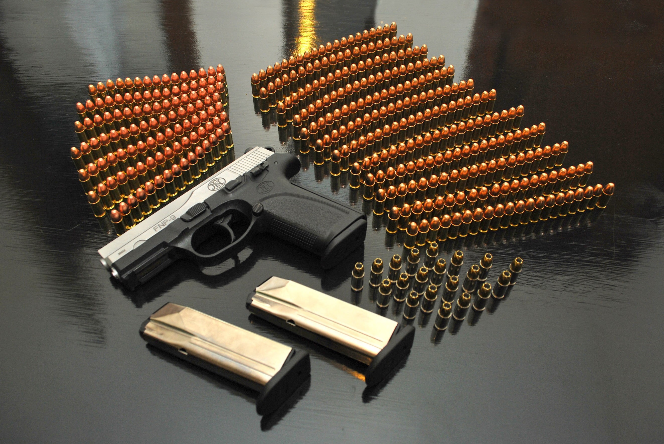 black, gun, high angle view, handgun, studio shot, stack, social issues, close-up, pistol, no people, food and drink, safety, wooden, indoors, ammunition, HD Wallpaper