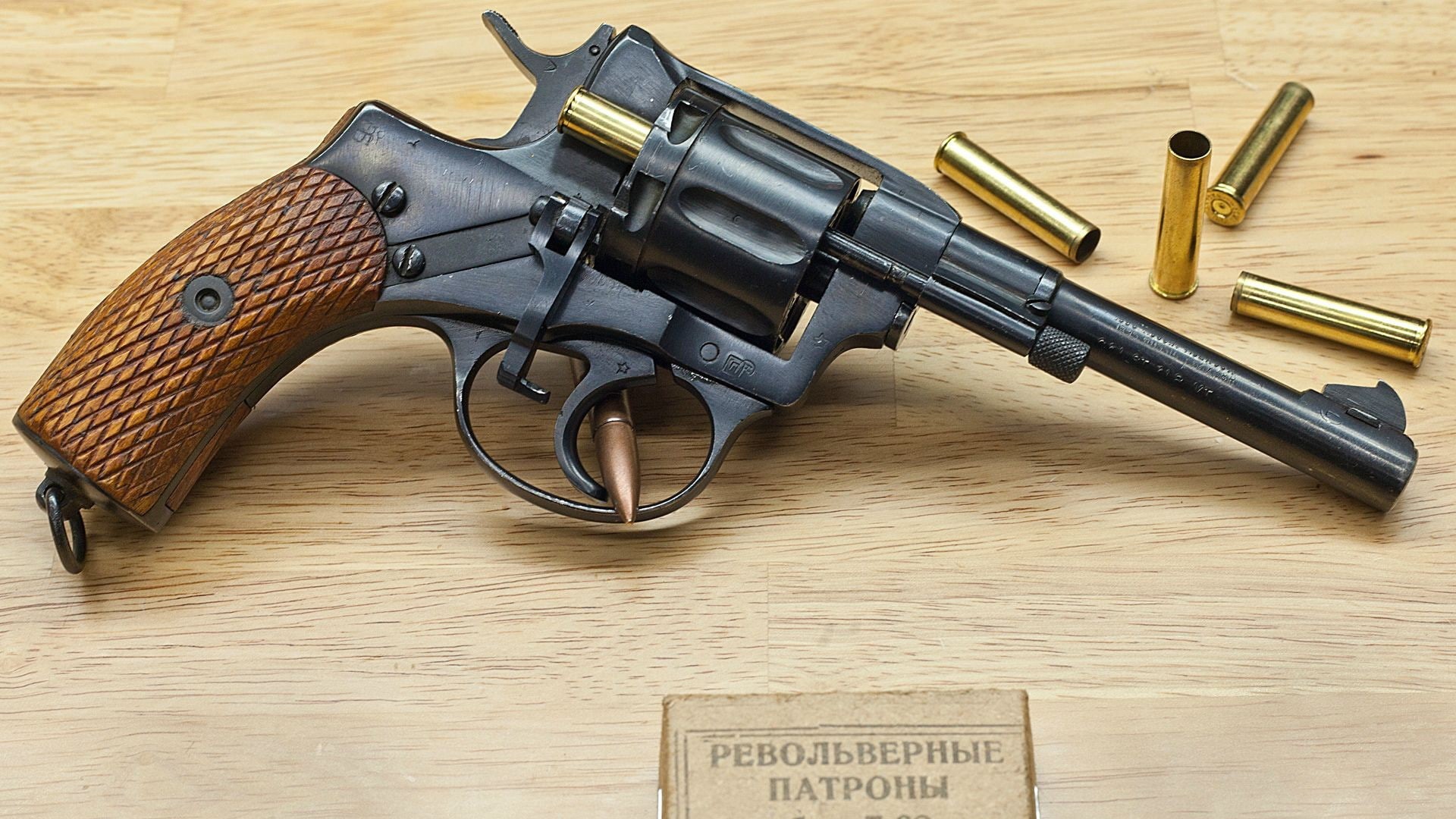 violence, table, weapon, aggression, government, crime, 1080P, no people, high angle view, gun, pistol, sign, indoors, Nagant M1895, wood - material, bullet, HD Wallpaper