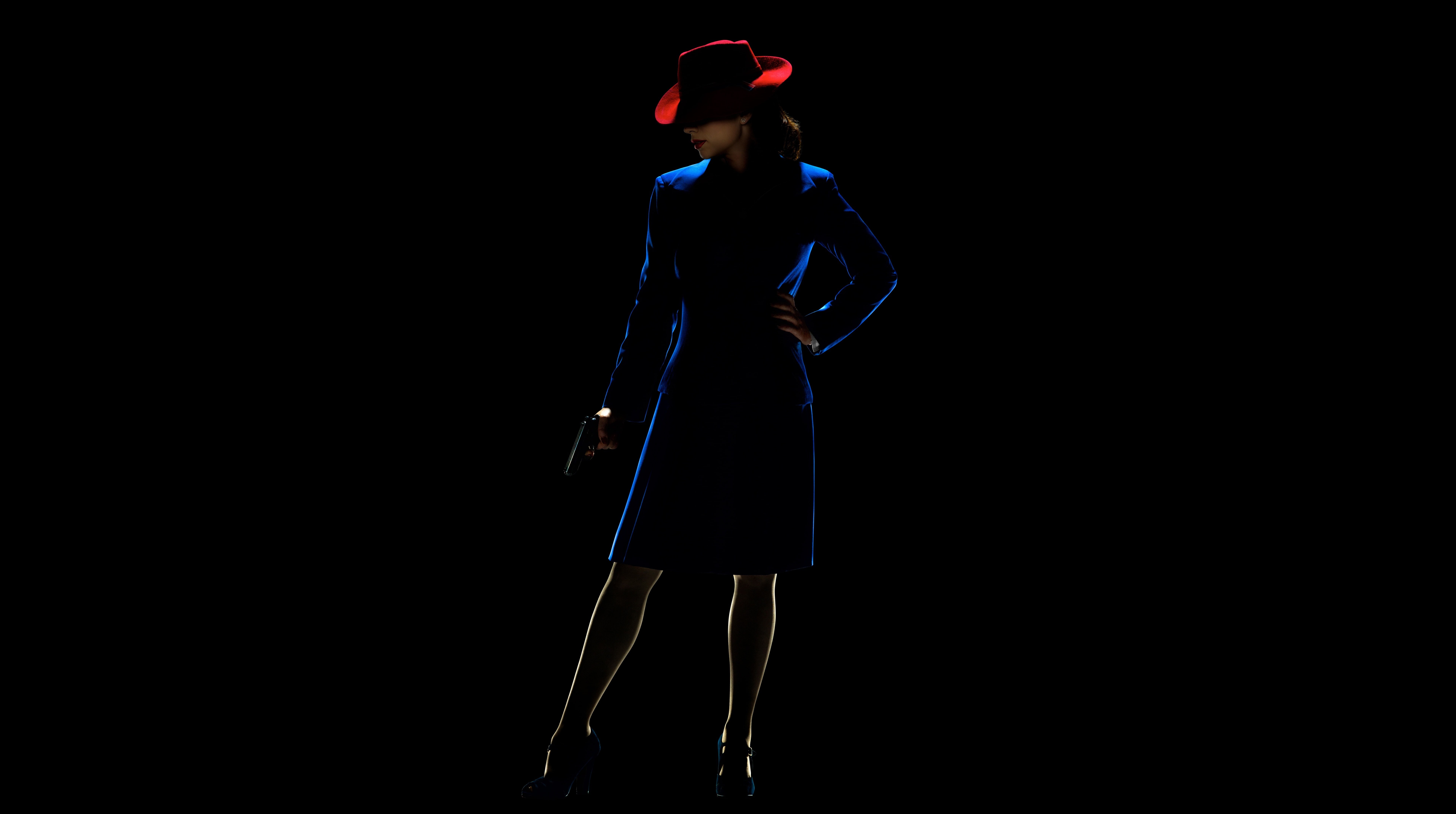indoors, television series, blue, Hayley Atwell, 2015, black background, stage, women, sport, lifestyles, agent, standing, clothing, copy space, Other Movies, HD Wallpaper