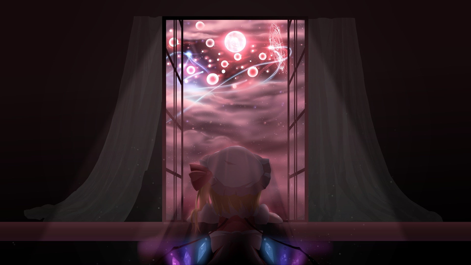 creativity, indoors, transparent, female likeness, Flandre Scarlet, no people, illuminated, window, red, glass, representation, close-up, curtain, 1080P, HD Wallpaper