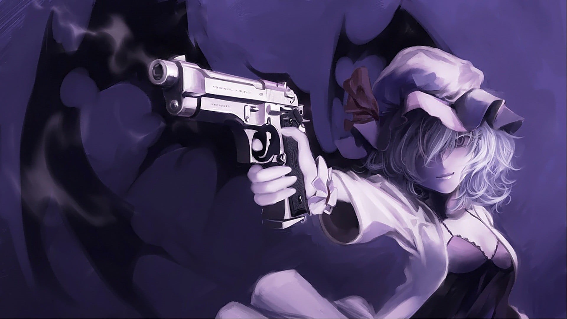 handgun, warning sign, anime girls, security, one person, protection, aggression, communication, law, indoors, Remilia Scarlet, safety, crime, gun, purple, HD Wallpaper