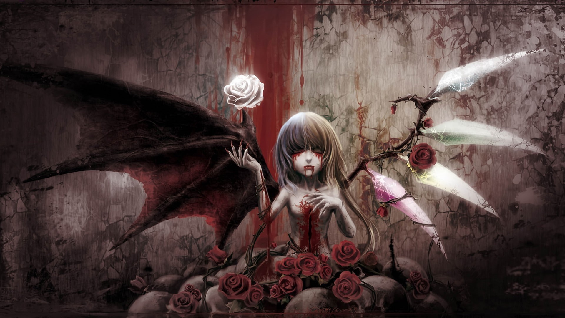 character, Touhou, wings, clothing, young adult, celebration, adult, fashion, women, gothic style, blood, young women, anime, looking at camera, mystery, HD Wallpaper