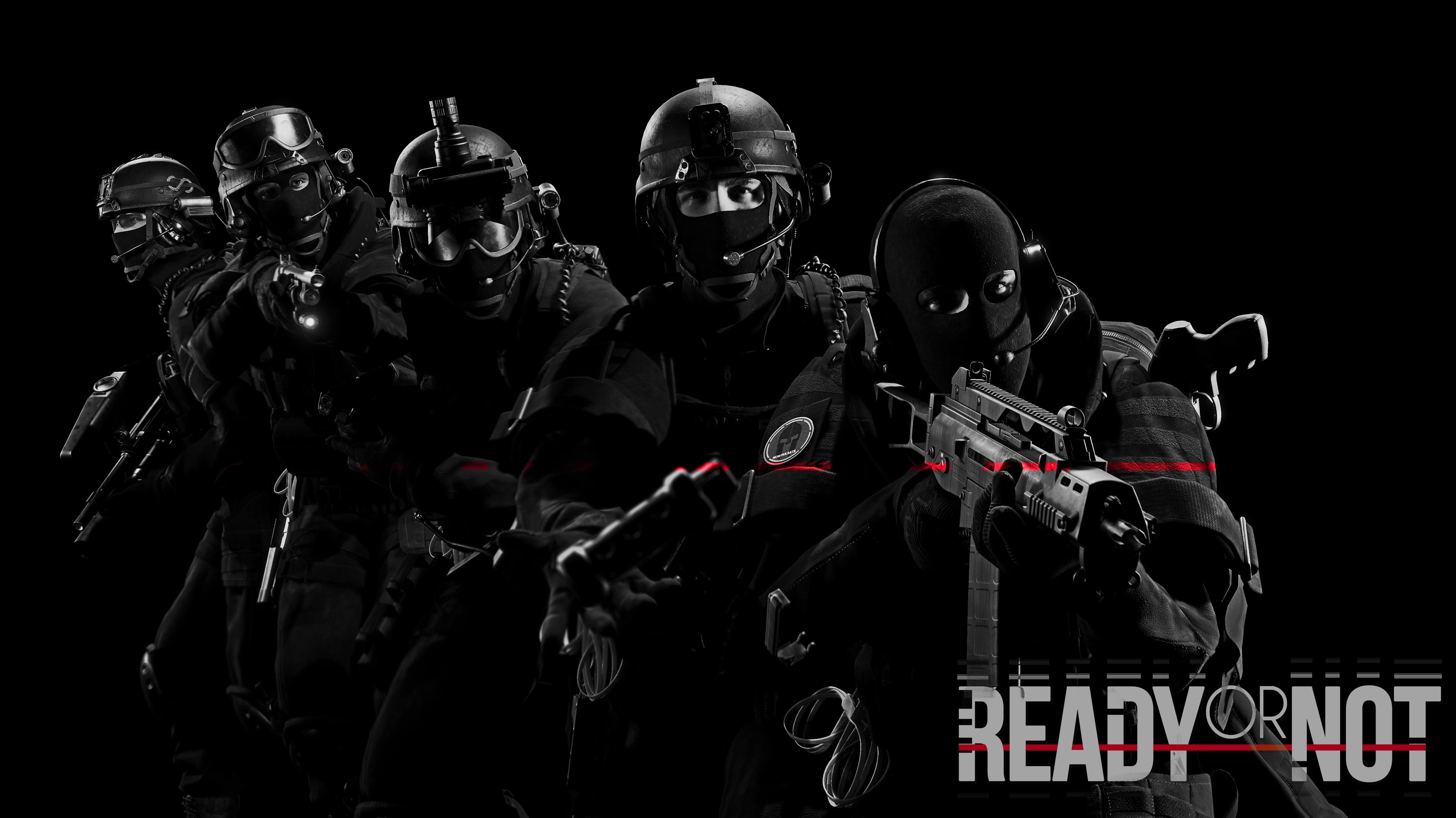front view, police, sign, group of people, representation, black background, creativity, male likeness, communication, technology, video games, Heckler and Koch G36C, HD Wallpaper