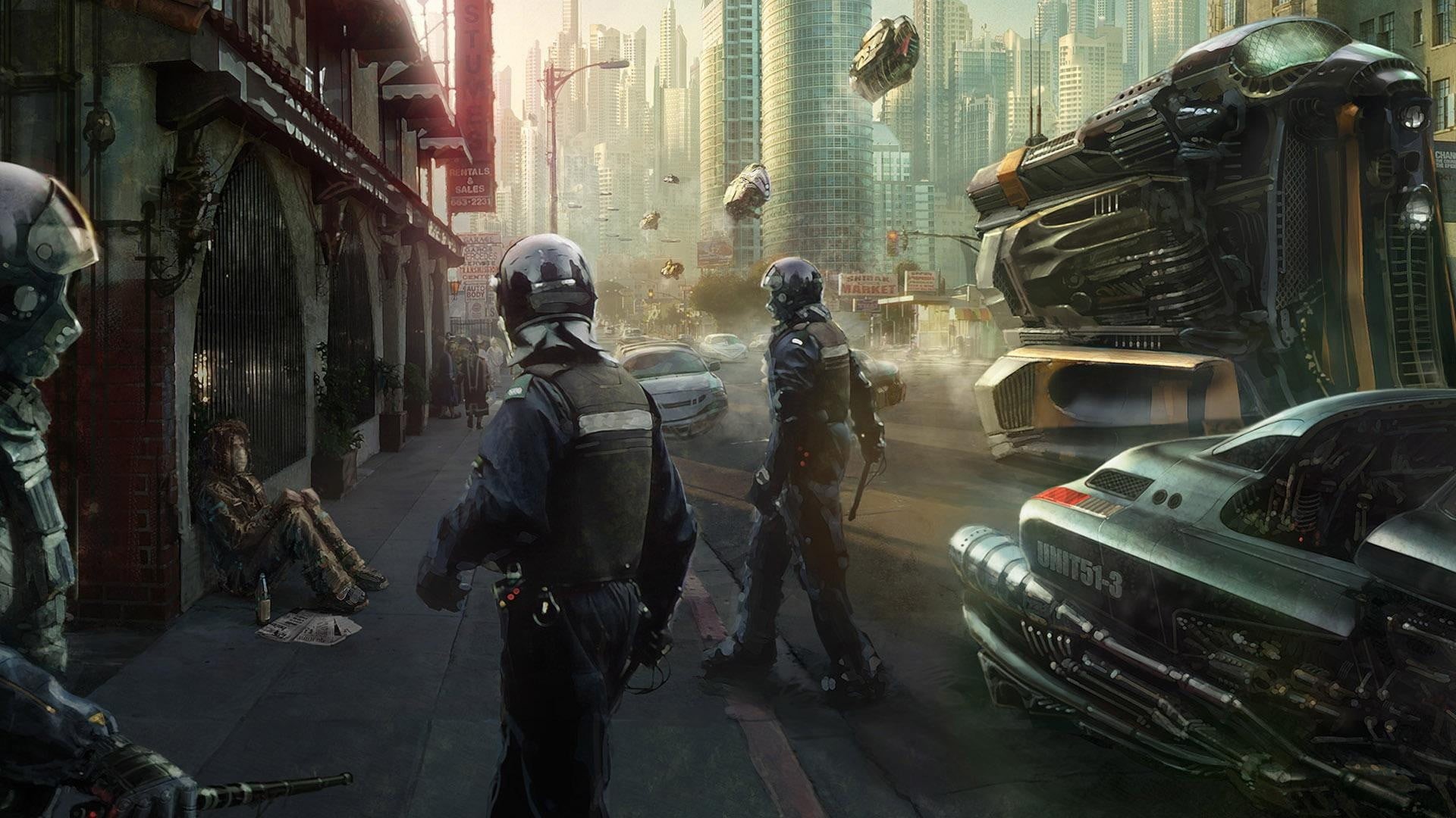 futuristic city, standing, architecture, security, real people, cyberpunk, motor vehicle, helmet, men, artwork, protection, outdoors, futuristic, people, HD Wallpaper