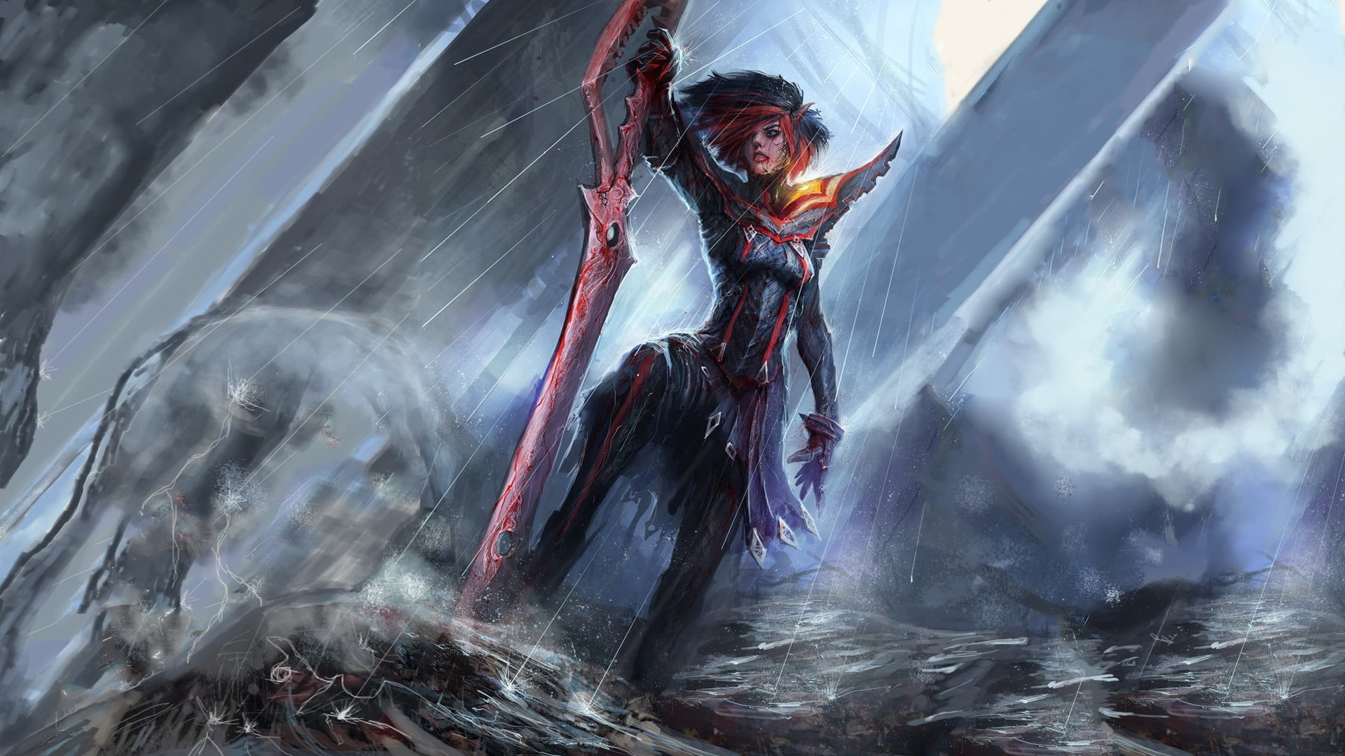 artwork, Kill la Kill, adult, water, anime, clothing, full length, rain, 1080P, day, fantasy art, women, one person, outdoors, anime girls, kill, leisure activity, HD Wallpaper