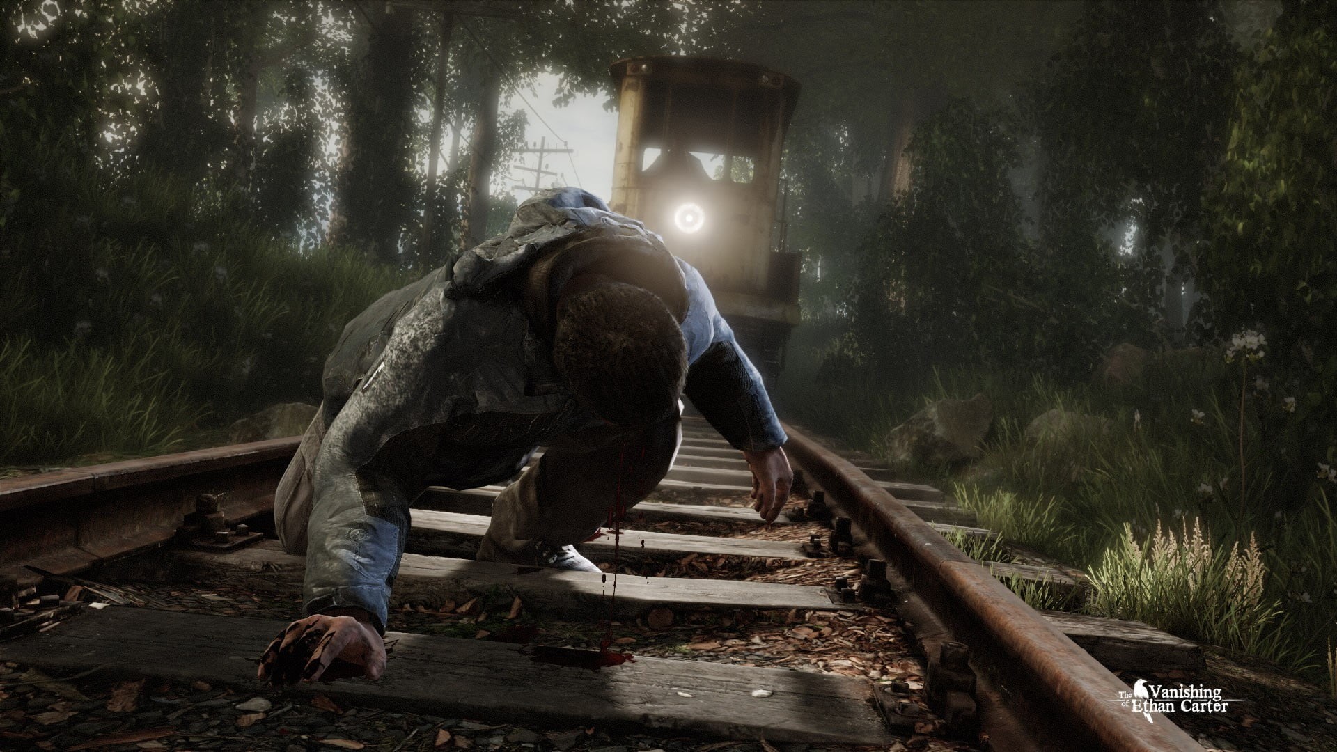 1080P, casual clothing, leisure activity, men, railroad track, sunlight, teenager, The Vanishing of Ethan Carter, tree, gray, track, lifestyles, pullover, HD Wallpaper