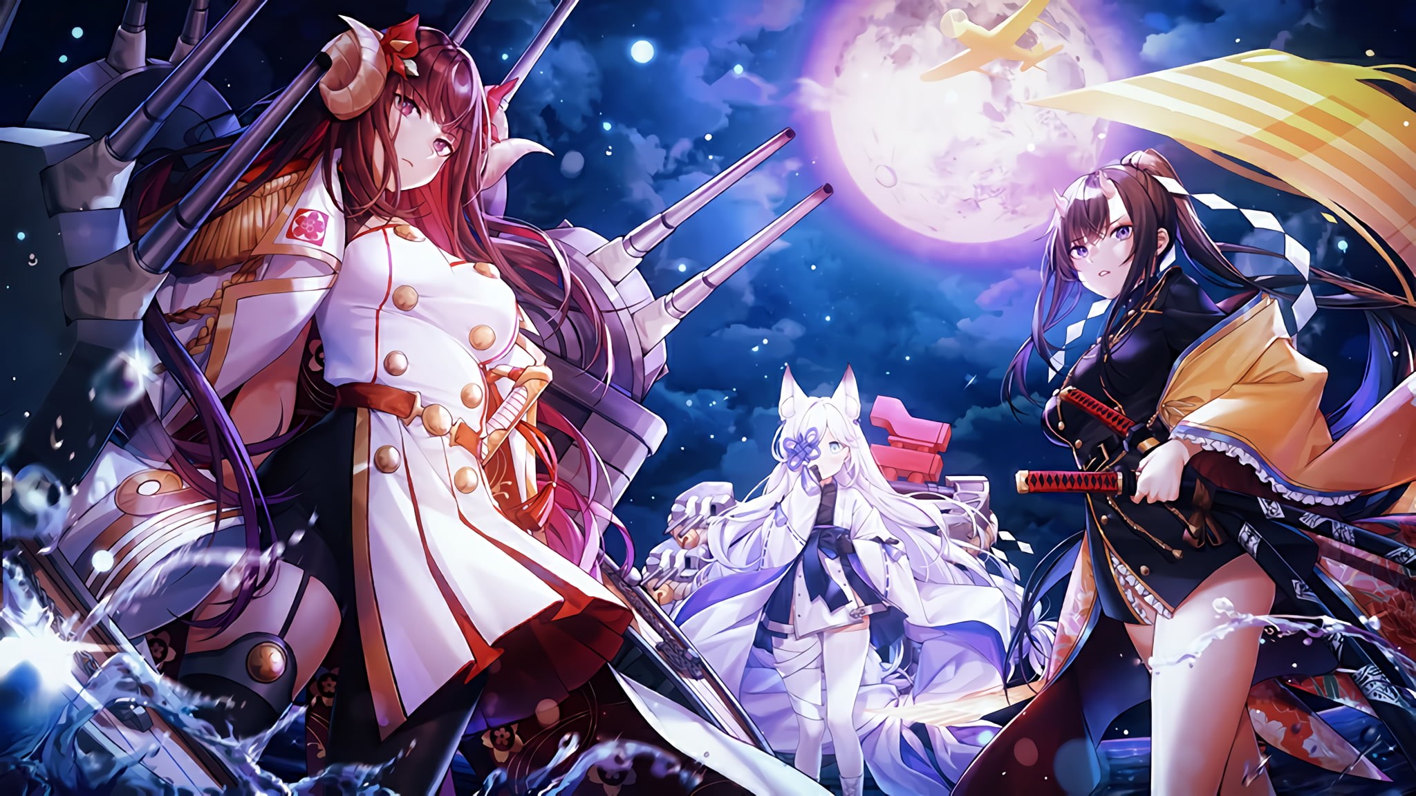 Ryuuhou (Azur Lane), 1080P, Azur Lane, night, sword, Suruga (Azur Lane), Kasumi (Azur Lane), HD Wallpaper