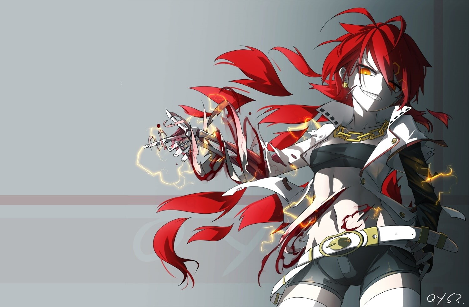 com, 720P, eyes, ling, navel, hair, shirt, tian, red, chain, 241008, ganlu, long, konachan, shorts, yemeng, bai, original, open, bicolored, photoshop, HD Wallpaper