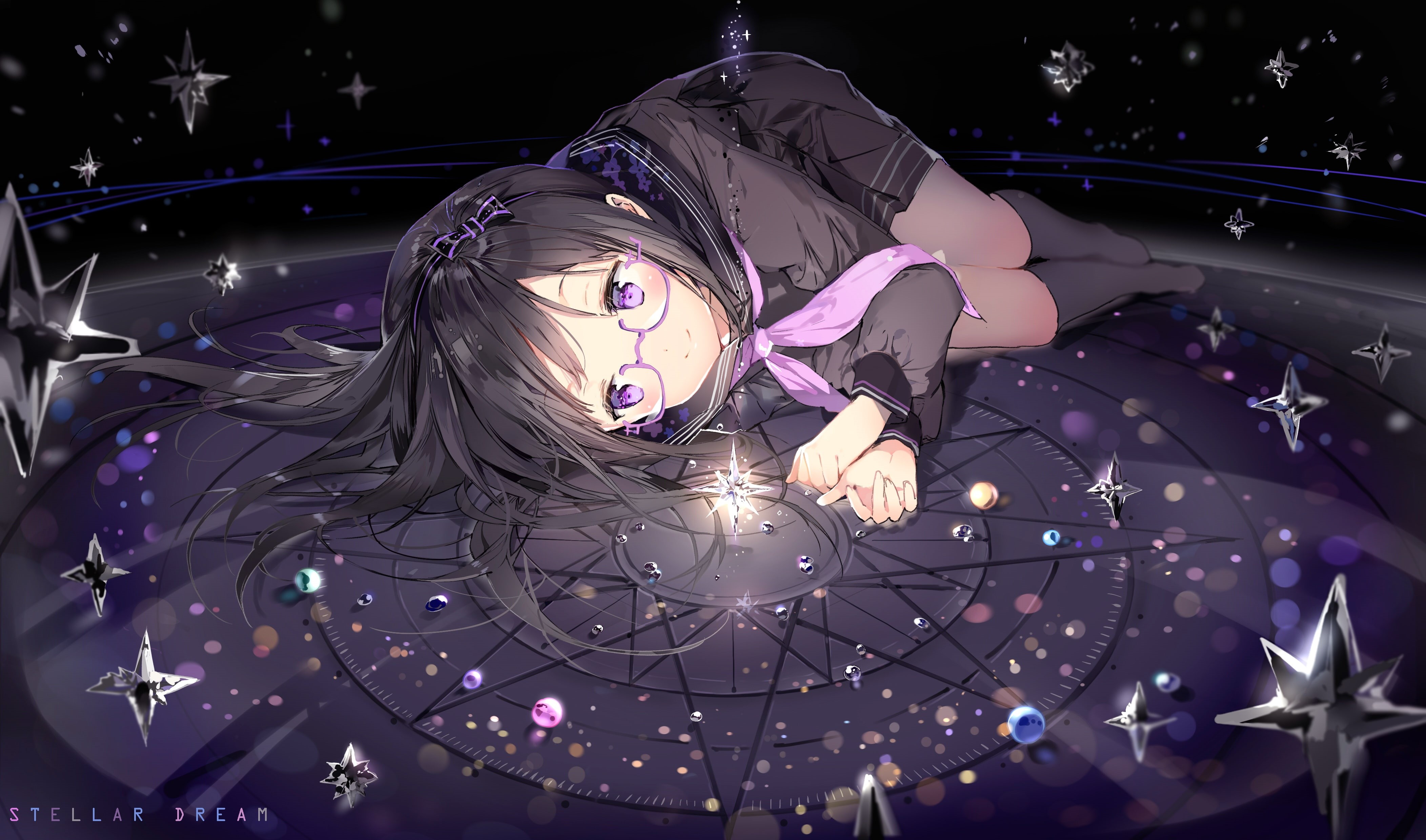purple, skirt, stars, eyes, black, long, glasses, bow, 4K, seifuku, 245335, headband, hair, kneehighs, konachan, anmi, com, HD Wallpaper