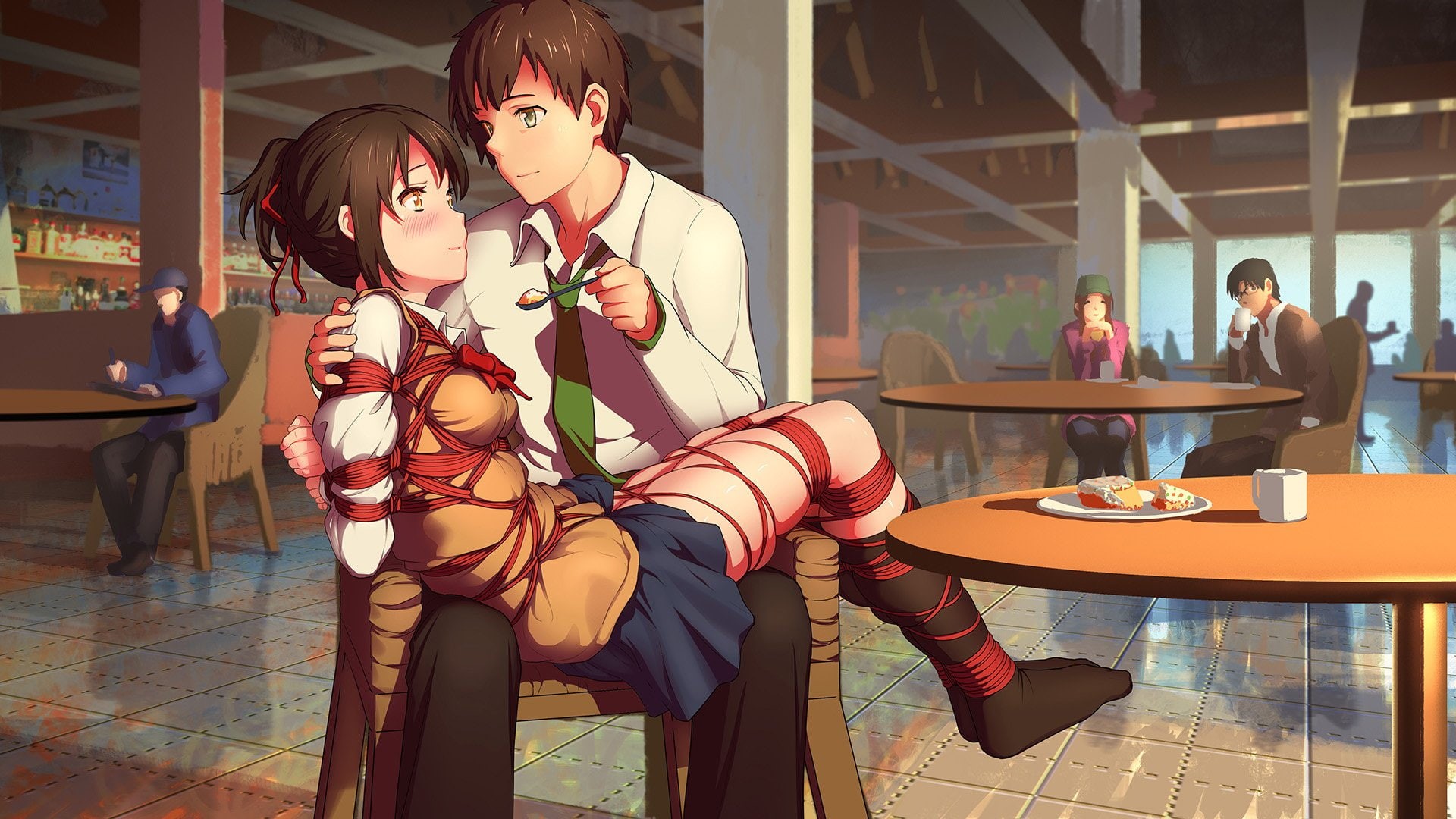 hat, male, kneehighs, black, bondage, cake, ribbons, blue, ponytail, eyes, hair, glasses, seifuku, 1080P, kimi, food, short, brown, tie, HD Wallpaper