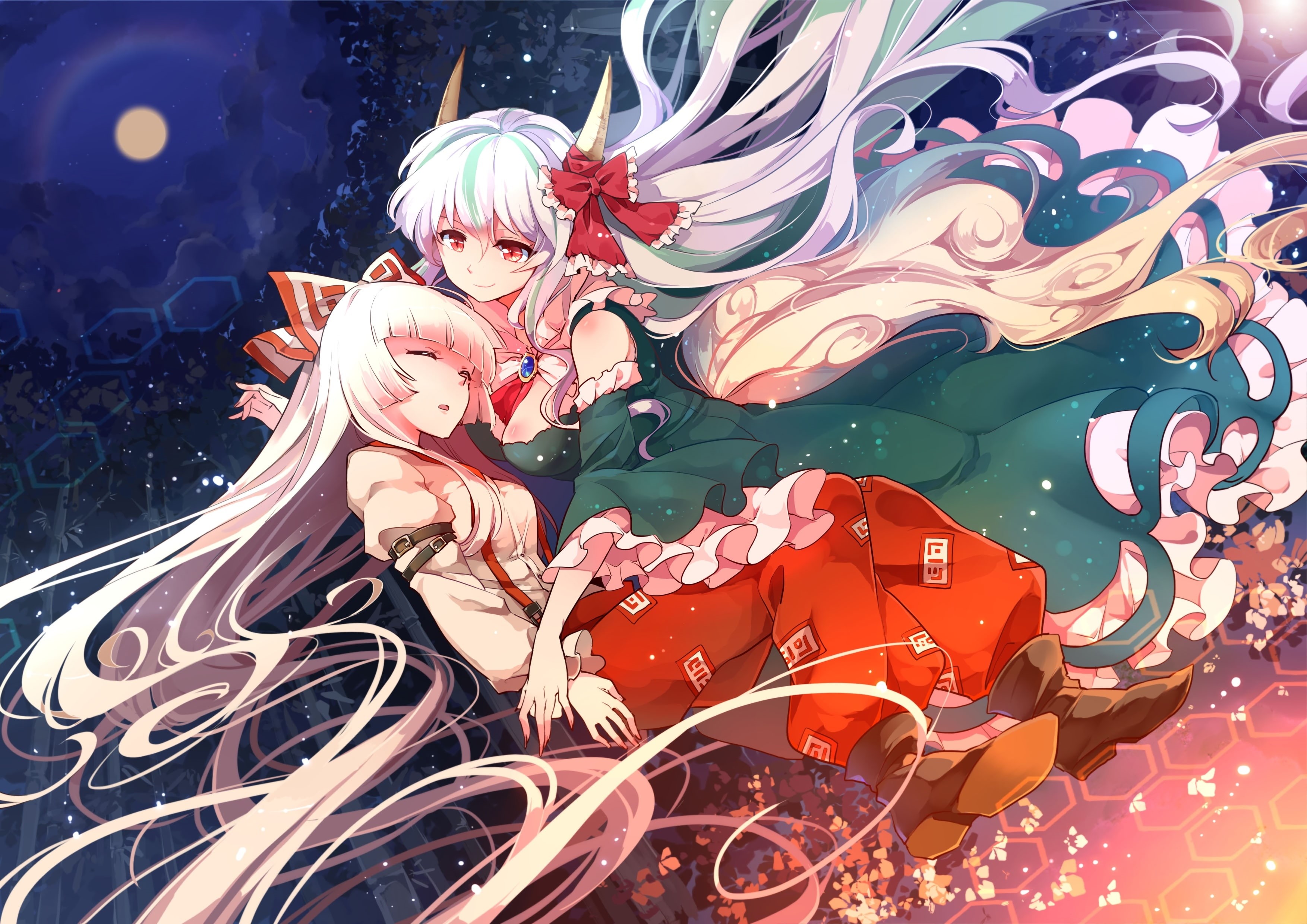 white, dress, eyes, sleeping, bow, hair, kamishirasawa, 2girls, moon, keine, long, red, skirt, horns, 2K, touhou, 247106, com, fujiwara, konachan, mokou, HD Wallpaper