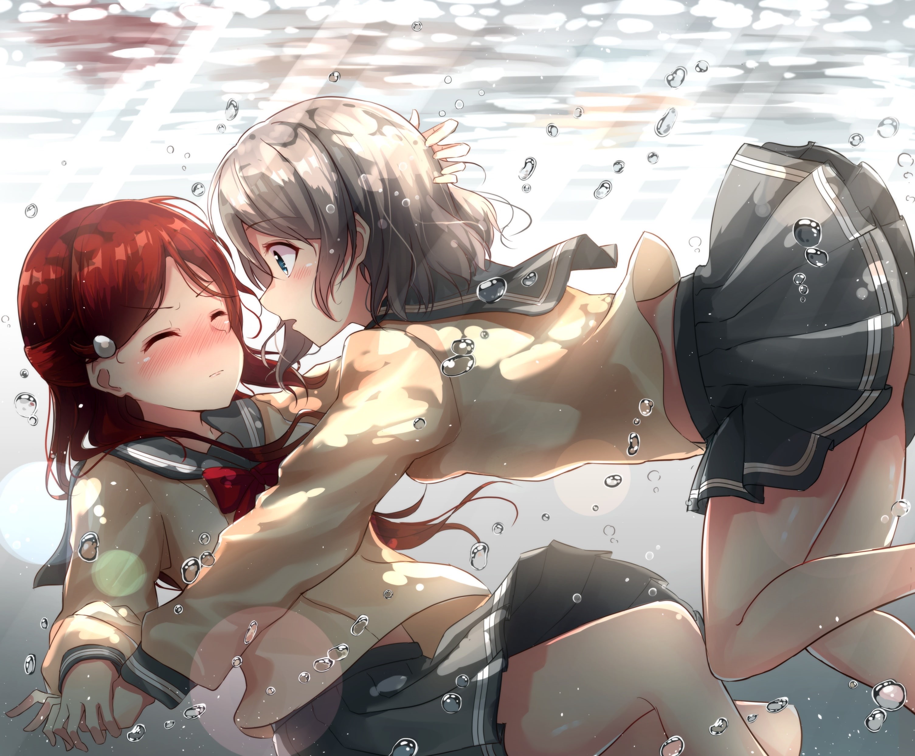 riko, red, skirt, sitting, blue, watanabe, water, real people, gray, child, short, 2girls, sakurauchi, human representation, (artist), seifuku, 263398, HD Wallpaper