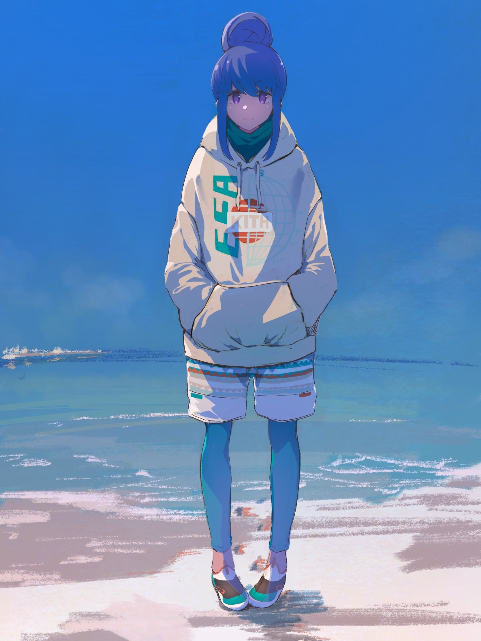 1080P, female, Yuru Camp, sky, trip, land, beach, one person, day, front view, outdoors, horizon over water, leisure activity, standing, vacations, Phone HD Wallpaper