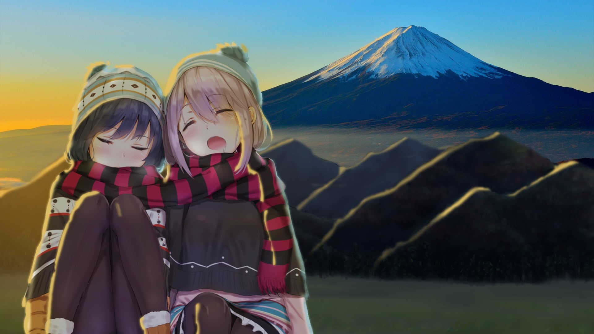 people, child, Rin Shima, leisure activity, land, real people, bonding, childhood, togetherness, beauty in nature, two people, winter, sky, girls, Nadeshiko Kagamihara, HD Wallpaper