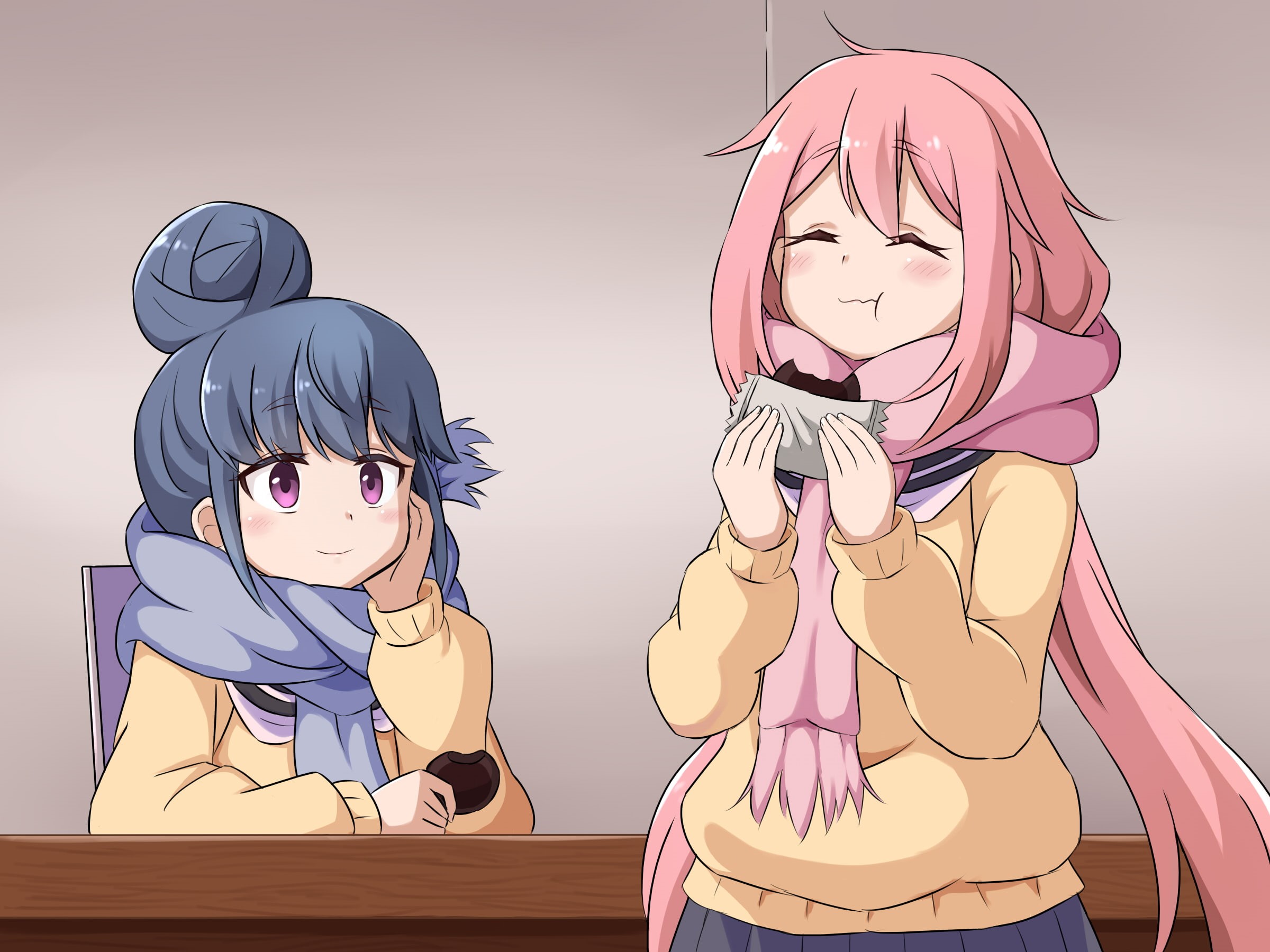 child, technology, Nadeshiko Kagamihara, Rin Shima, human representation, young adult, representation, people, hair, anime girls eating, men, women, 1080P, HD Wallpaper