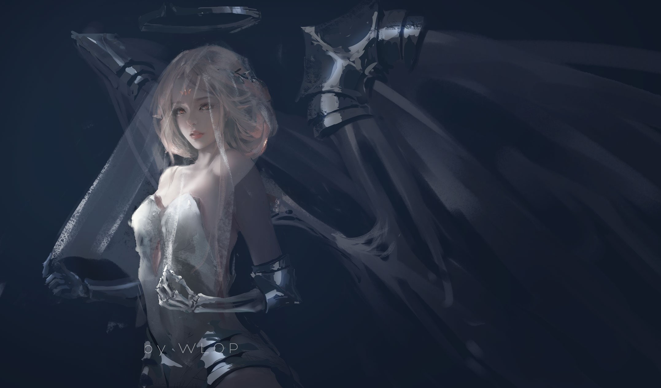 short, adventure, jpeg, orange, wlop, konachan, 247303, comics, anime, wings, artifacts, sarlia, manga, hair, 1080P, (wlop), watermark, fantasy, halo, HD Wallpaper