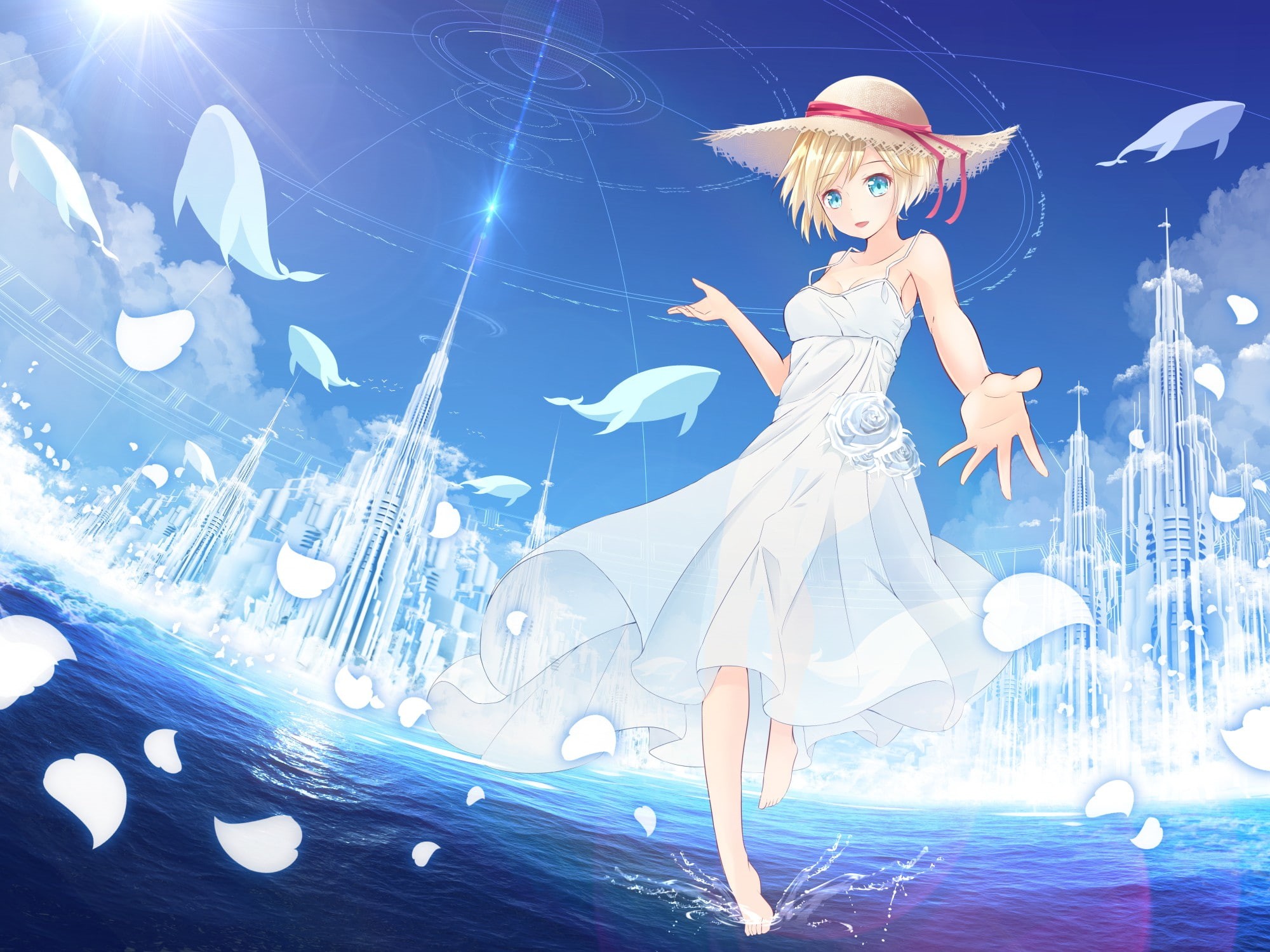 anime, sky, hat, water, barefoot, clouds, anime girls, blonde, cleavage, dress, short hair, 1080P, aqua eyes, HD Wallpaper